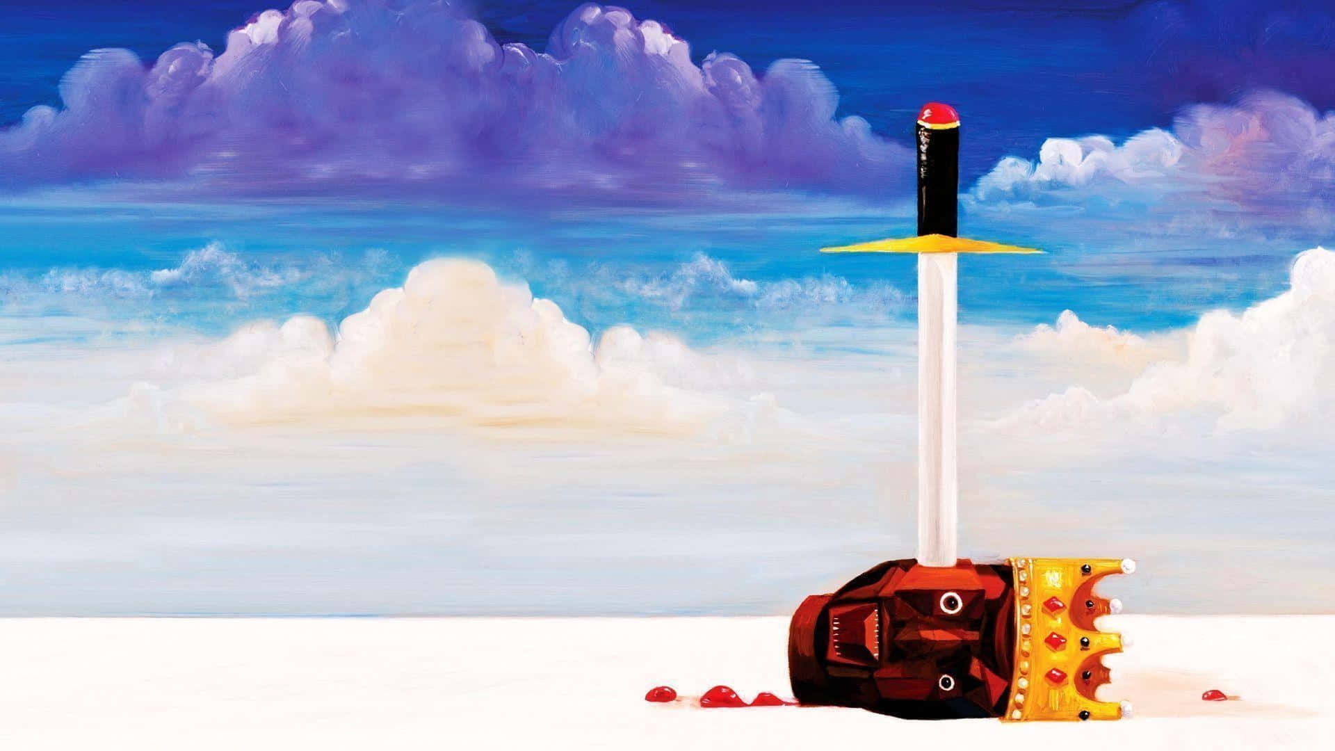 My Beautiful Dark Twisted Fantasy 桌布 壁紙 — 一幅超現實畫作，描繪一把劍刺入破碎的王冠，置於白色平原上，天空色彩斑斕。