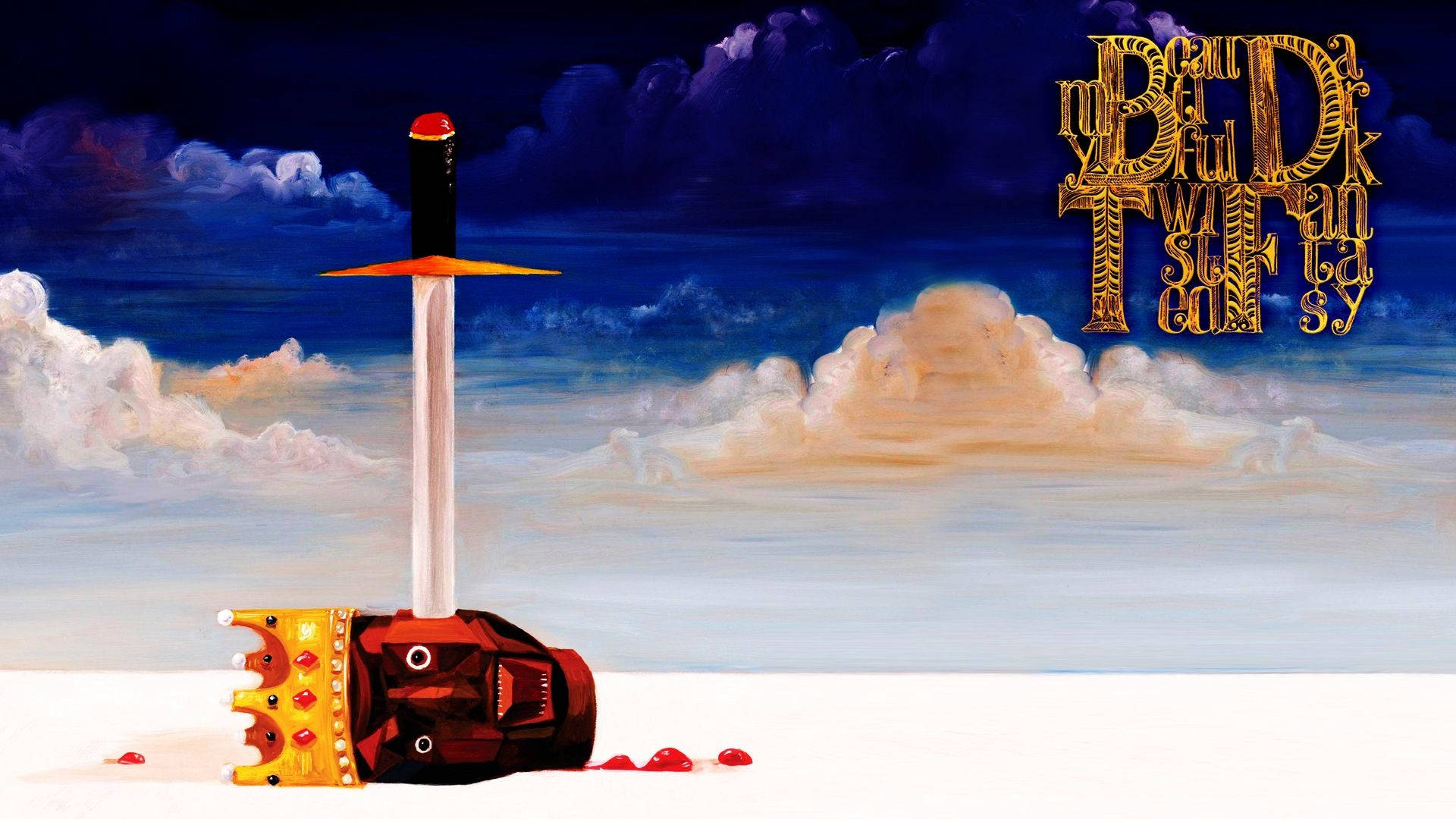 Kanye West Album Cover 桌布 壁紙 — 一幅超現實畫作，描繪一把劍刺穿無冠國王的頭部，背景為多雲的天空，並帶有華麗的金色文字。