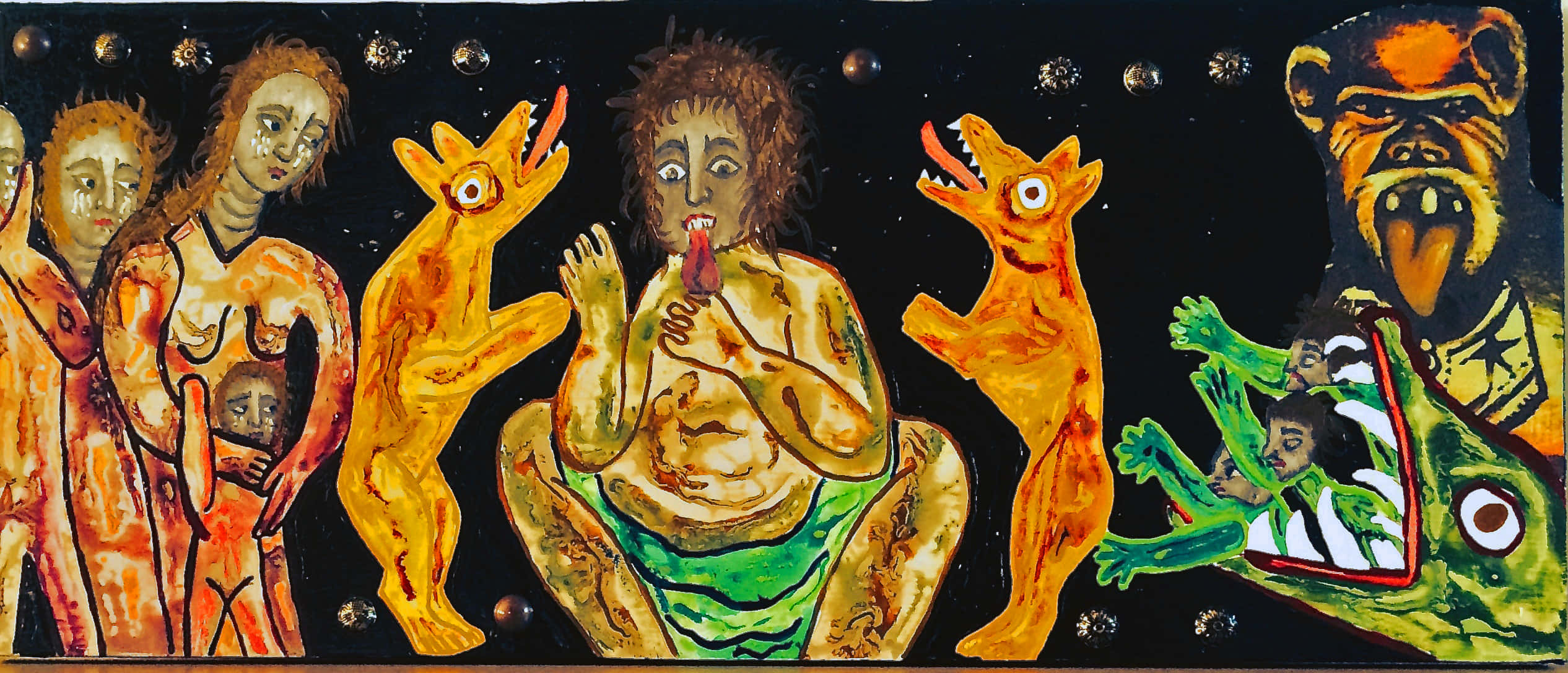 Religious Art 桌布 壁紙 — 一幅超現實畫作，描繪了在繁星點點的黑色背景上，帶有誇張特徵的怪誕人形和動物形象。