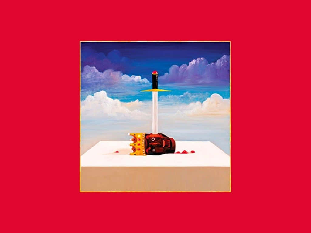 kanye west android 桌布 壁紙 — 一幅超現實畫作展示了一把劍刺入一個放在白色基座上的斷頭，背景是陰天，並以大膽的紅色框住。