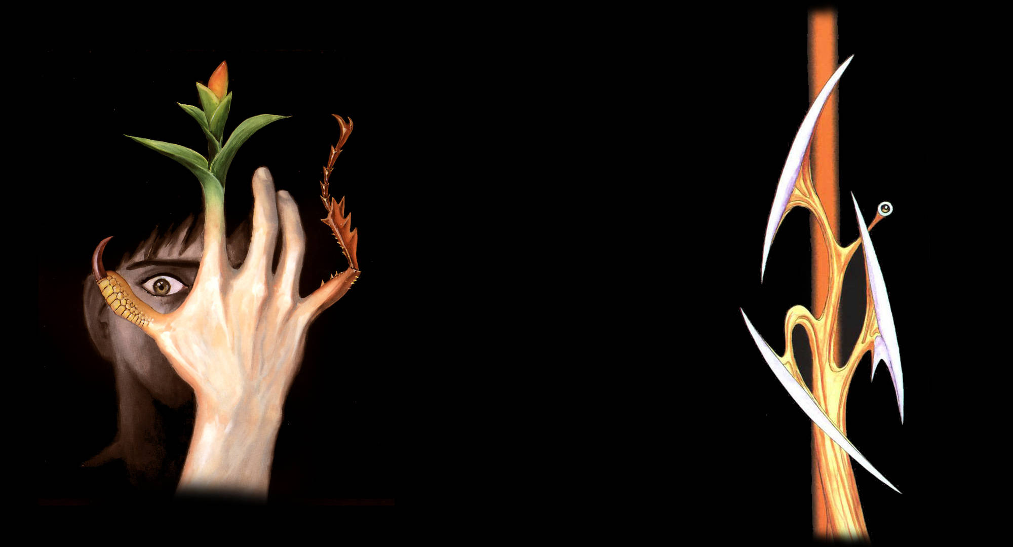 Parasyte 桌布 壁紙 — 一幅超現實畫作展示了一隻手從一張帶有發芽植物和蜻蜓的臉中浮現，旁邊是一根風格化的金色權杖，帶有白色刀片，背景為黑色。