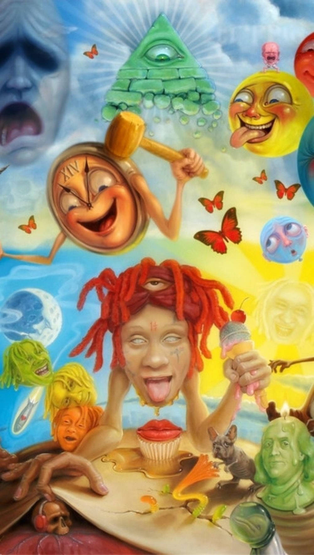 album 桌布 壁紙 — 一幅超現實畫作描繪一個中央人物，紅色辮子舔著杯子蛋糕，周圍環繞著奇幻漂浮的臉孔和蝴蝶。