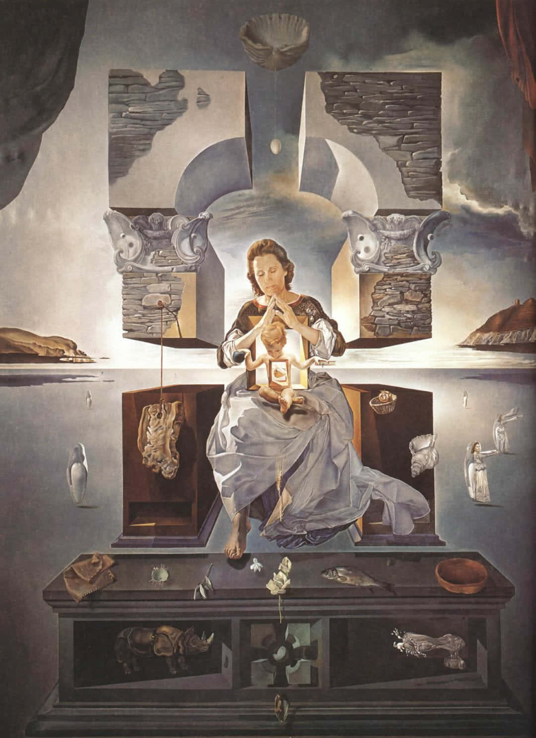 Dali 桌布 壁紙 — 一幅超現實畫作描繪一名女子手持發光球體，漂浮在一個裝滿怪異物體的櫃子上方，天空支離破碎。