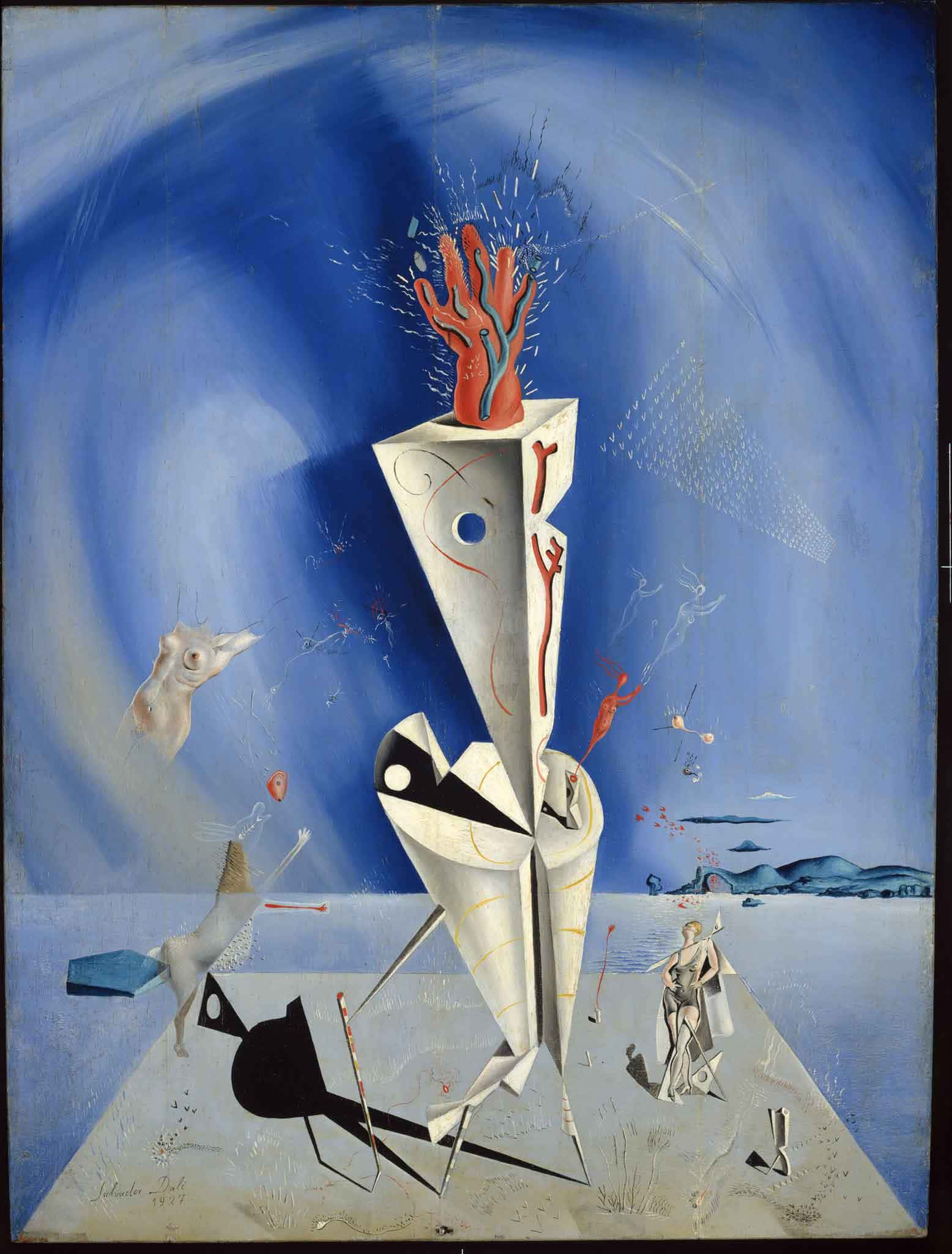 Surreal Art 桌布 壁紙 — 一幅超現實畫作描繪了一座高聳的白色幾何結構，頂部呈紅色珊瑚狀，周圍環繞著漂浮的人物和抽象形態，背景是旋轉的藍色。