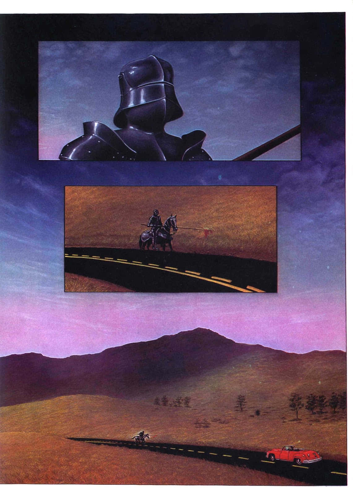 The Black Knight 桌布 壁紙 — 一幅超現實的三聯畫展示了一位身穿盔甲的騎士騎著馬，在蜿蜒的道路上穿過紫色色調的沙漠景觀，天空呈現暮色。