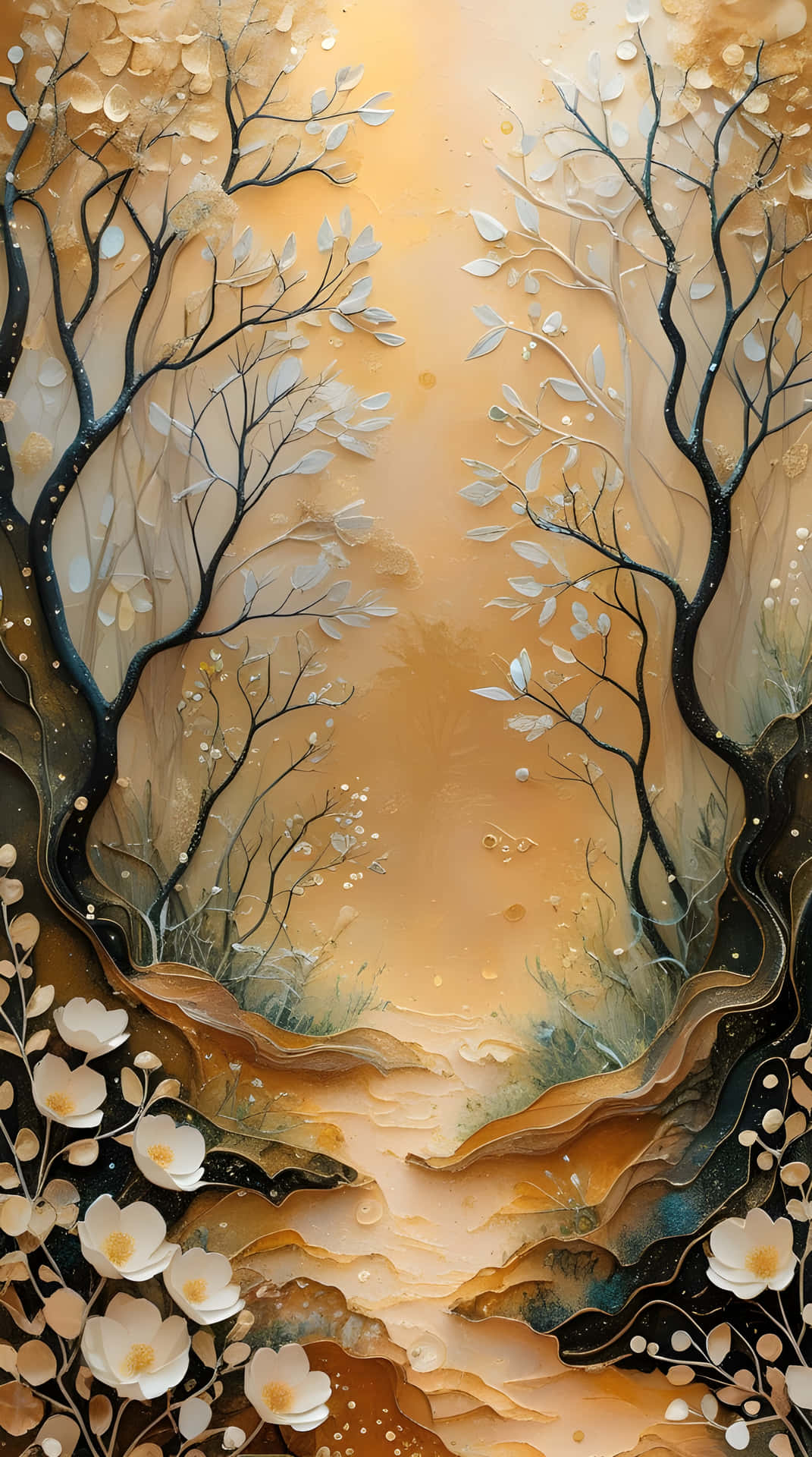 Beautiful tree painting 壁紙 — 一幅超現實的分層藝術作品，描繪了風格化的樹木和白色花朵，框住一條穿過紋理大地和天空的發光金色小徑。