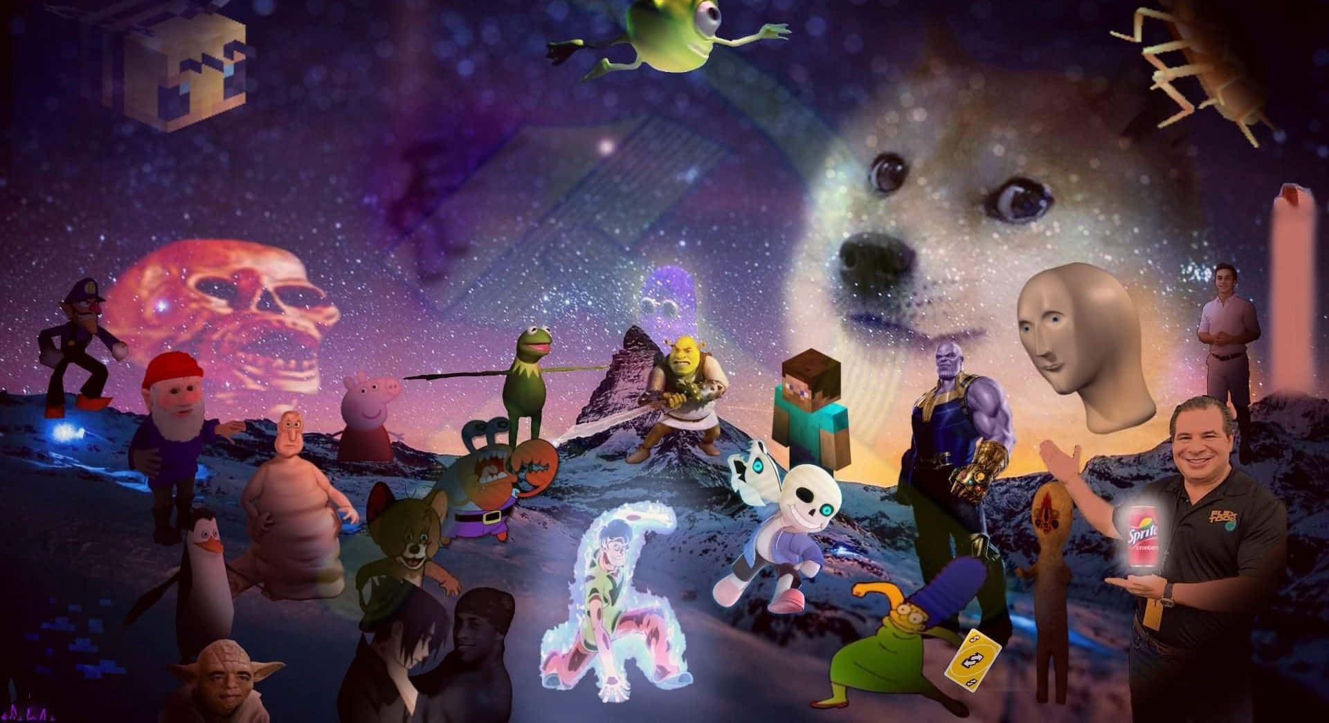 Memes 桌布 壁紙 — 一幅超現實的宇宙拼貼畫， featuring 流行文化圖標如 Doge、史力加和 Minecraft 角色，漂浮在星星和漂浮的頭顱之間。