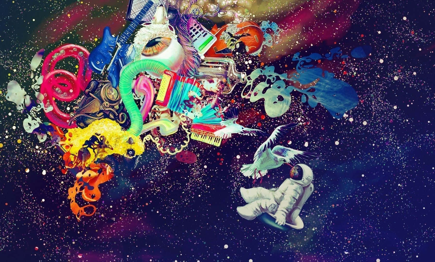 Trippy Space 桌布 壁紙 — 一幅超現實的宇宙拼貼畫，描繪了充滿活力的樂器和漂浮的太空人，背景是星光熠熠的星雲。