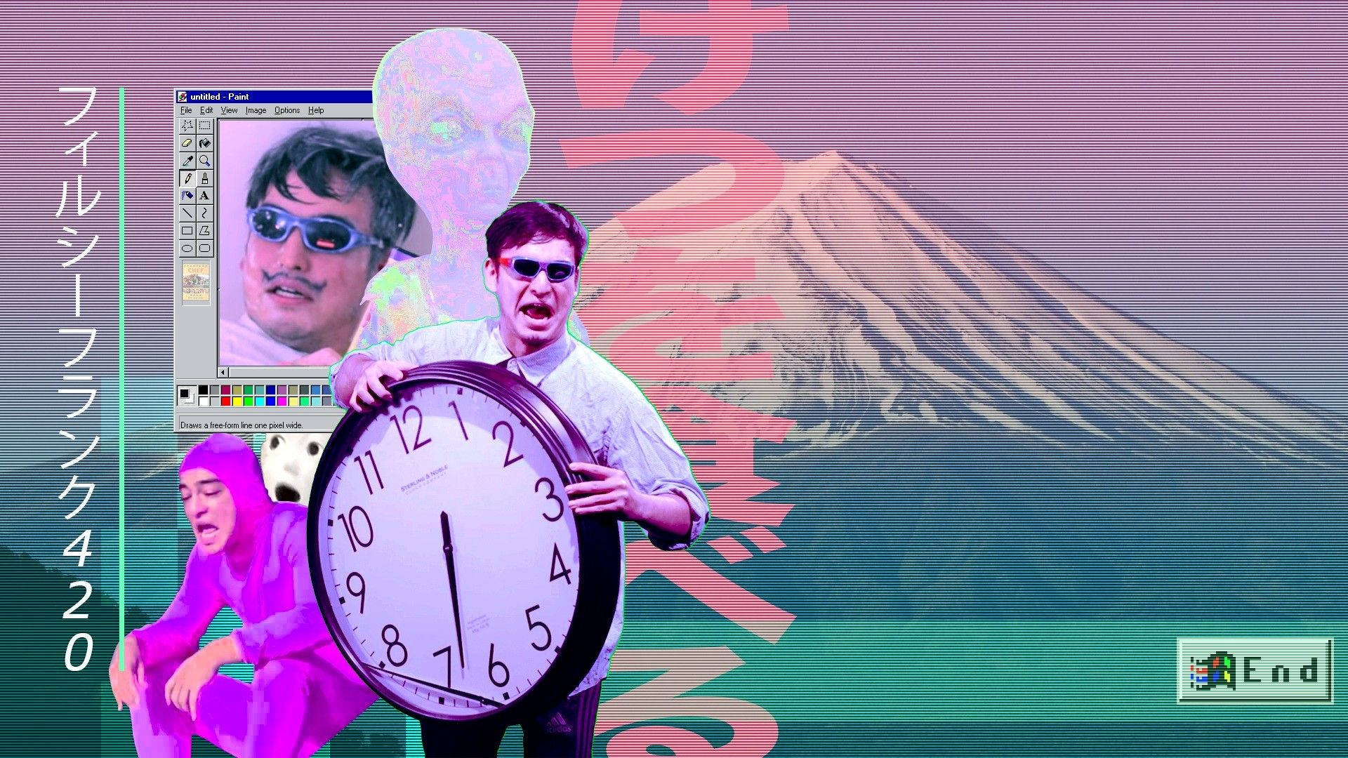 joji 桌布 壁紙 — 一幅超現實的數位拼貼畫，描繪一名男子在帶有日文字和像素化介面的故障風格富士山背景下手持巨大時鐘。