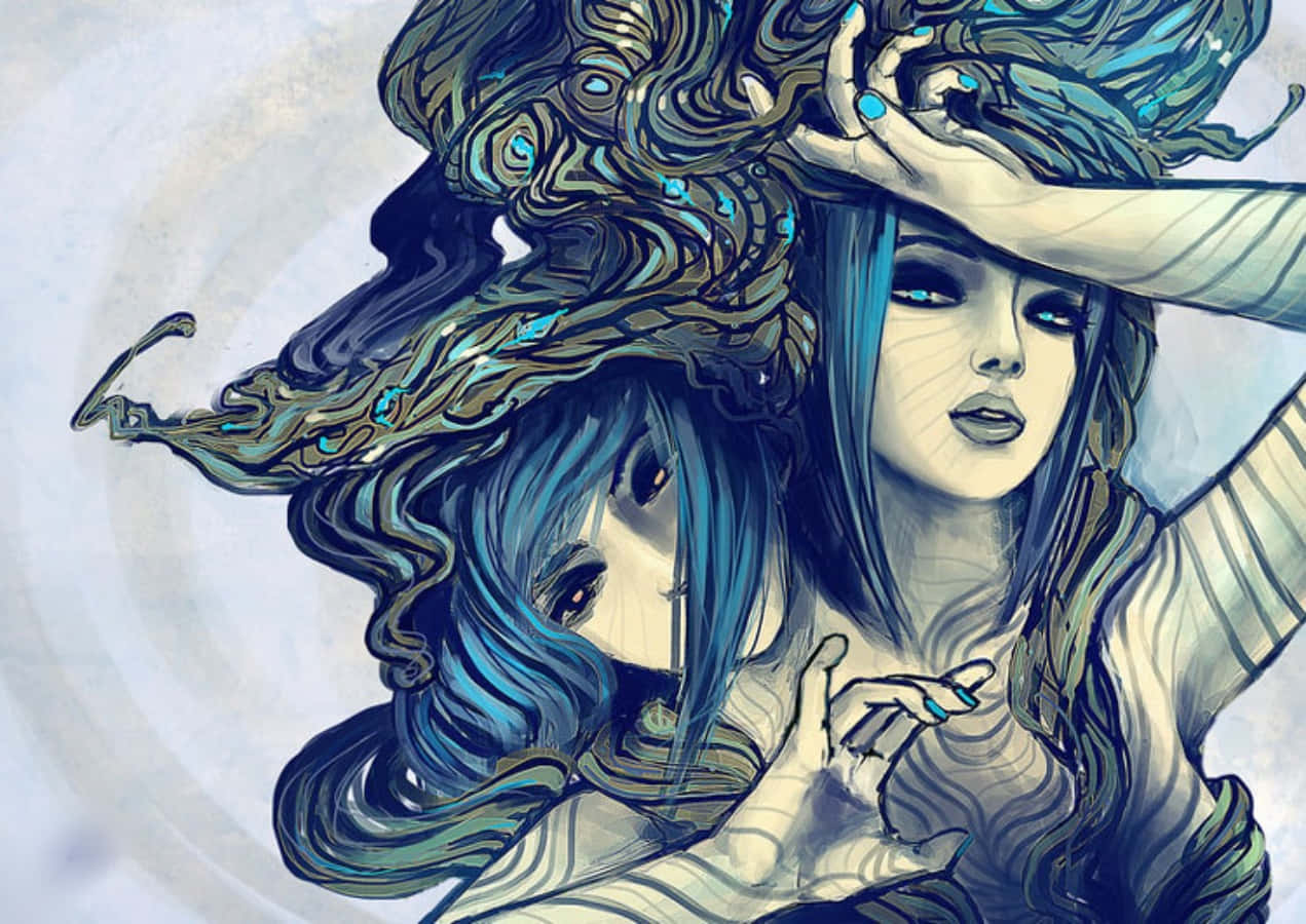 gemini 桌布 壁紙 — 一幅超現實的數位插圖，描繪一位擁有飄逸藍色頭髮和孔雀羽毛頭飾的女性，她的手遮擋著眼睛，抵禦一個旋轉的渦流。