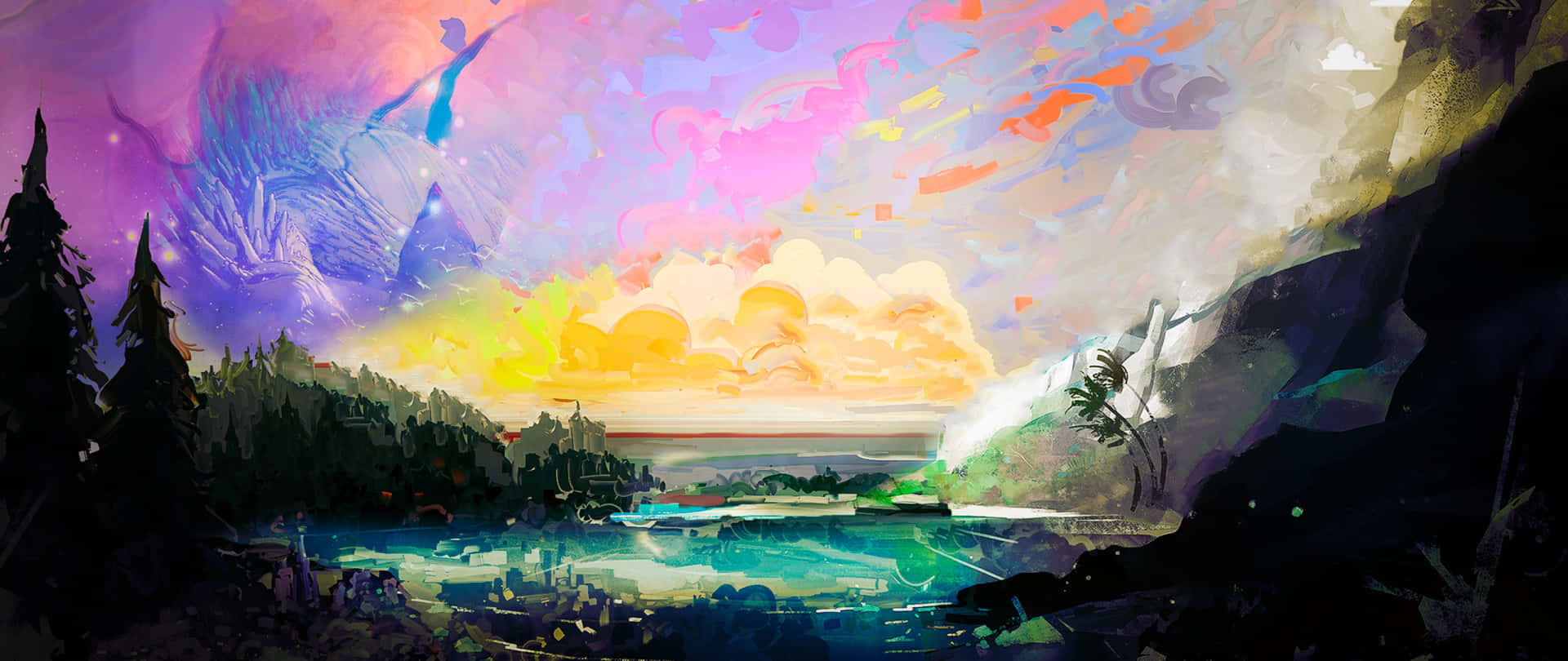 Cool Landscape 桌布 壁紙 — 一幅超現實的數位畫作，描繪日落時分發光的湖泊，天空呈現鮮豔的紫色、粉紅色和黃色，並由深色松樹和岩石懸崖框住。