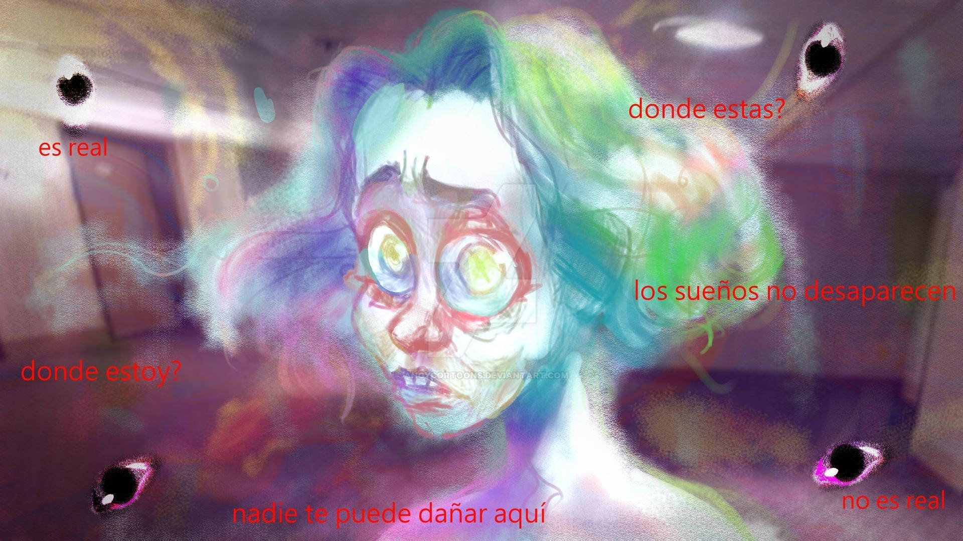 夢核 桌布 壁紙 — 一幅超現實的數位繪畫，描繪一個幽靈般的人物，擁有發光的眼睛和漩渦般的粉彩頭髮，周圍環繞著漂浮的文字和漂浮的眼球。