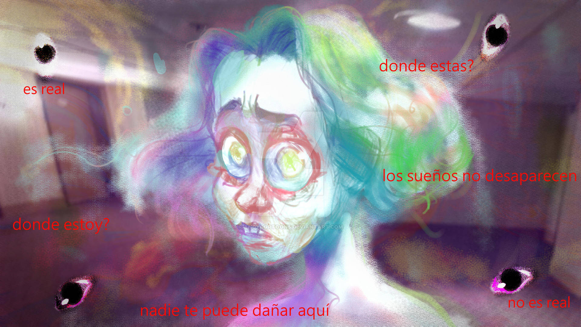 怪核 桌布 壁紙 — 一幅超現實的數位繪畫，描繪一個幽靈般的人物，擁有發光的眼睛和漩渦狀的粉彩頭髮，周圍環繞著漂浮的文字和夢幻般的球體。