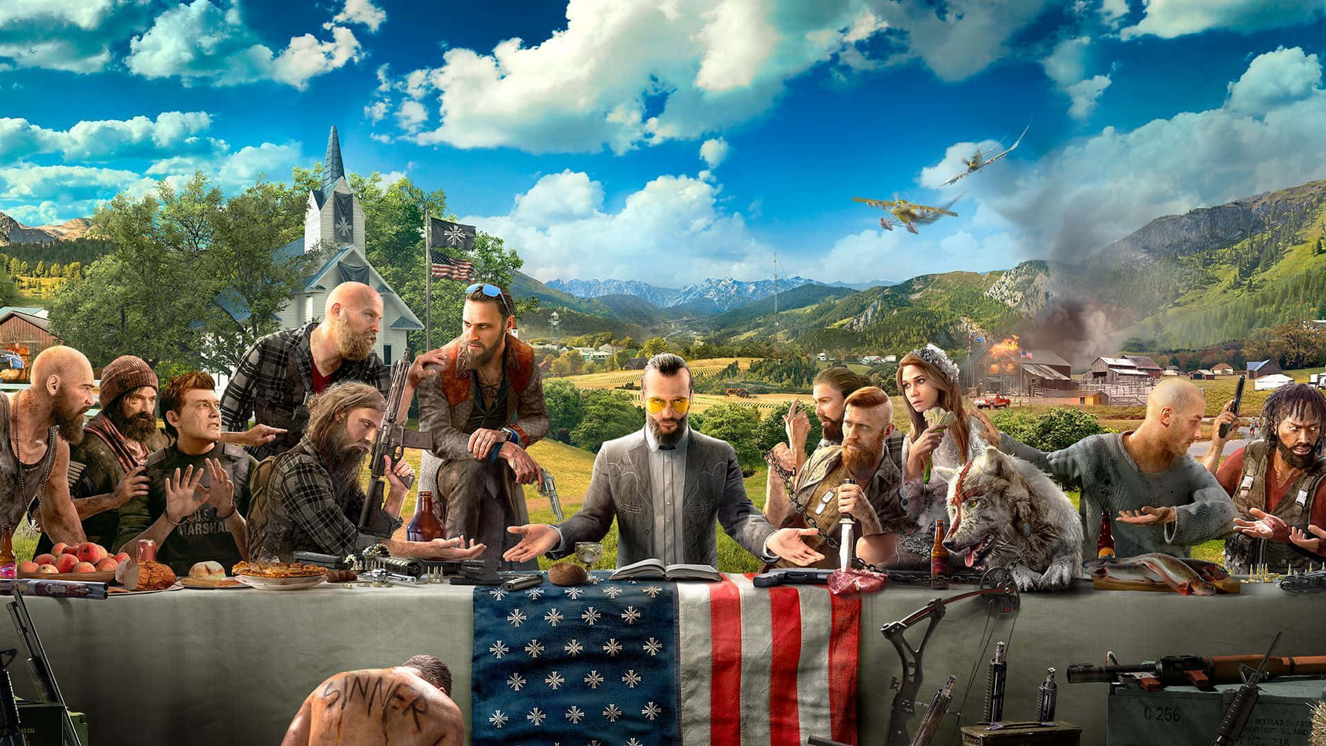 Far Cry New Dawn 桌布 壁紙 — 一幅超現實的數位繪畫描繪了一群粗獷的男女圍繞著一張鋪有美國國旗的長桌，背景是一座教堂、山脈和飛行的飛機。