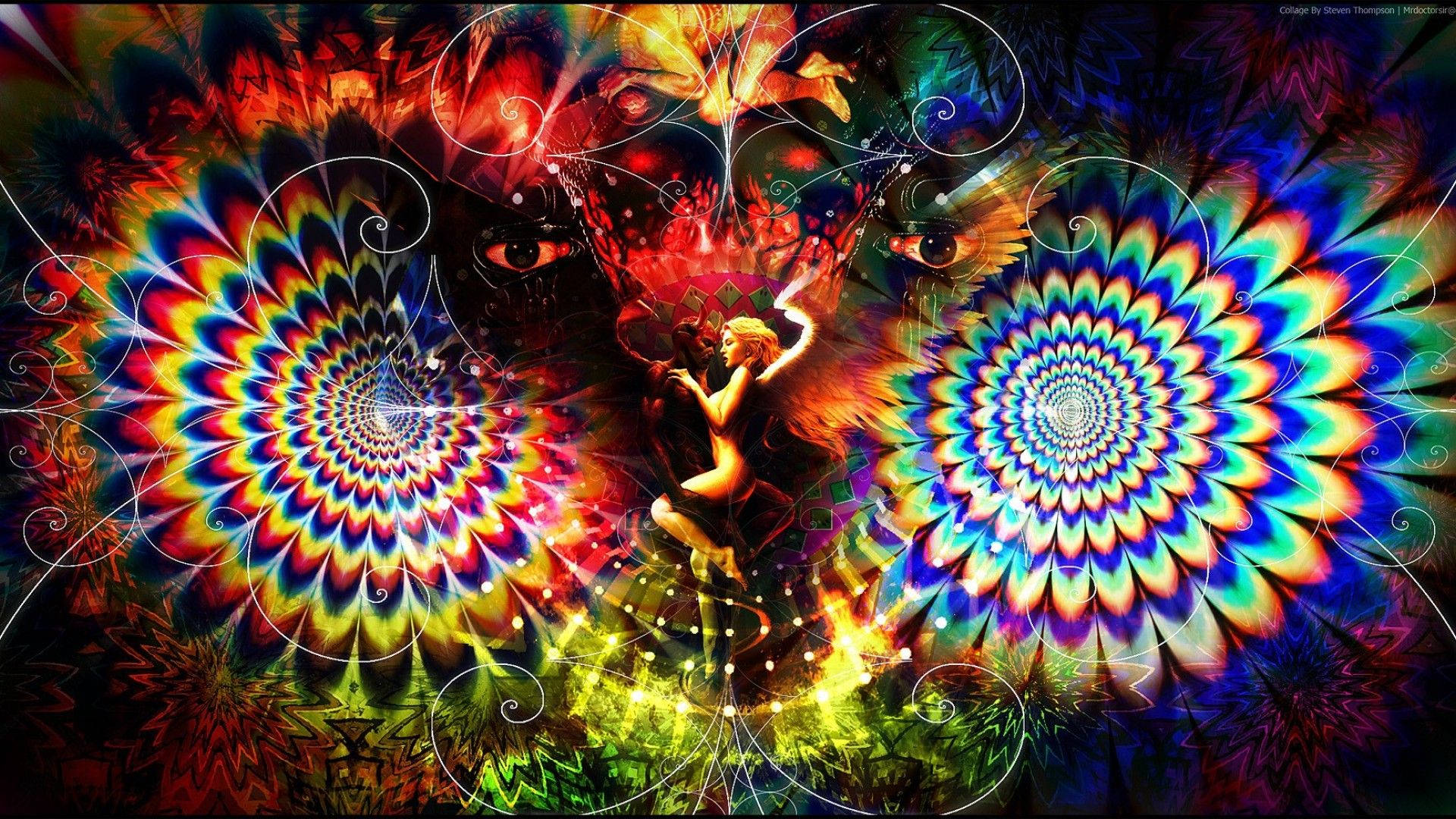 Funky 桌布 壁紙 — 一幅超現實的數位藝術作品，中央人物被充滿活力的迷幻螺旋和發光的眼睛包圍，置身於宇宙場景中。
