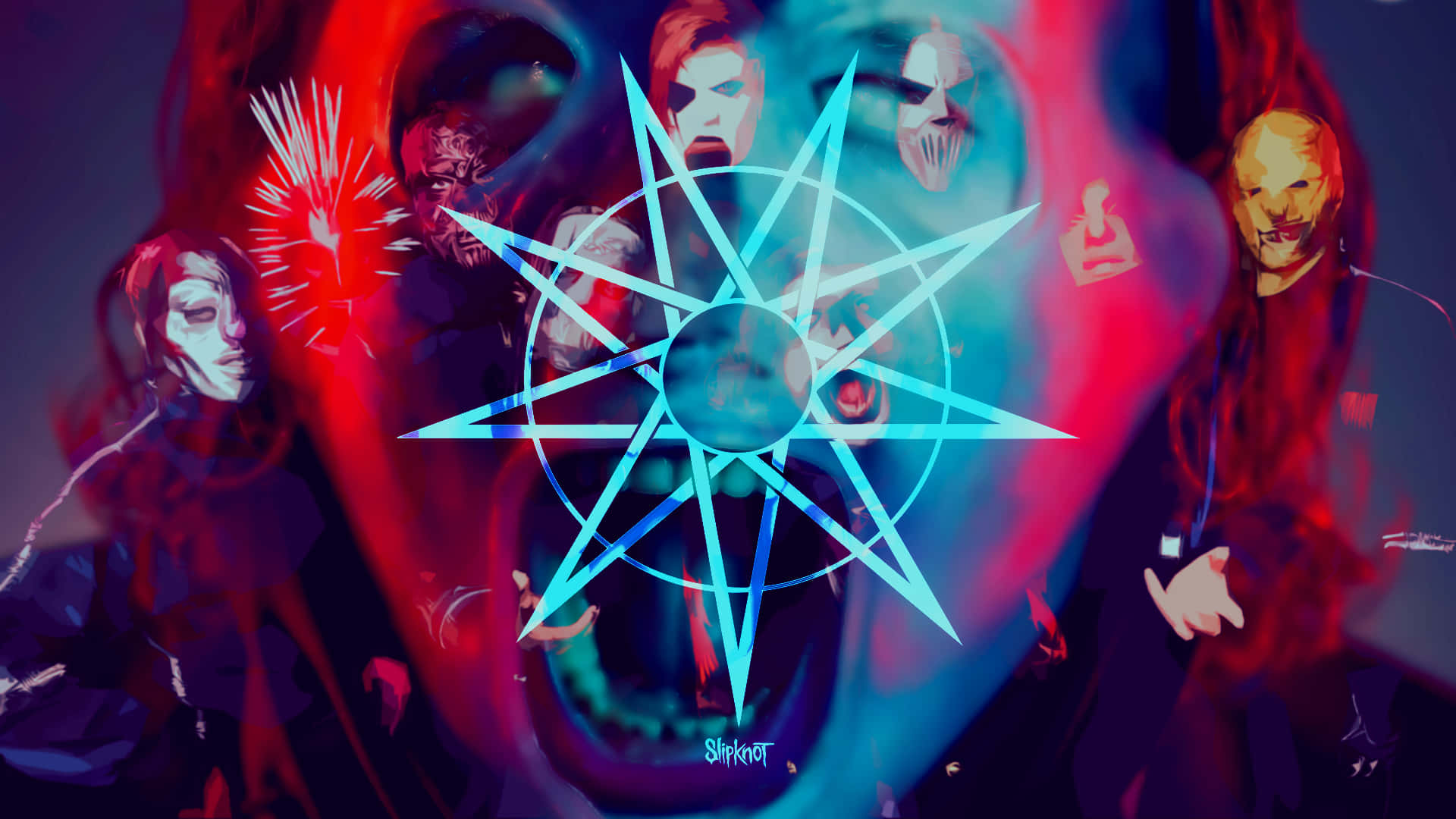 Slipknot 桌布 壁紙 — 一幅超現實的數位藝術作品，以紅色和藍色調的蒙面人物圍繞一個發光的星星符號。