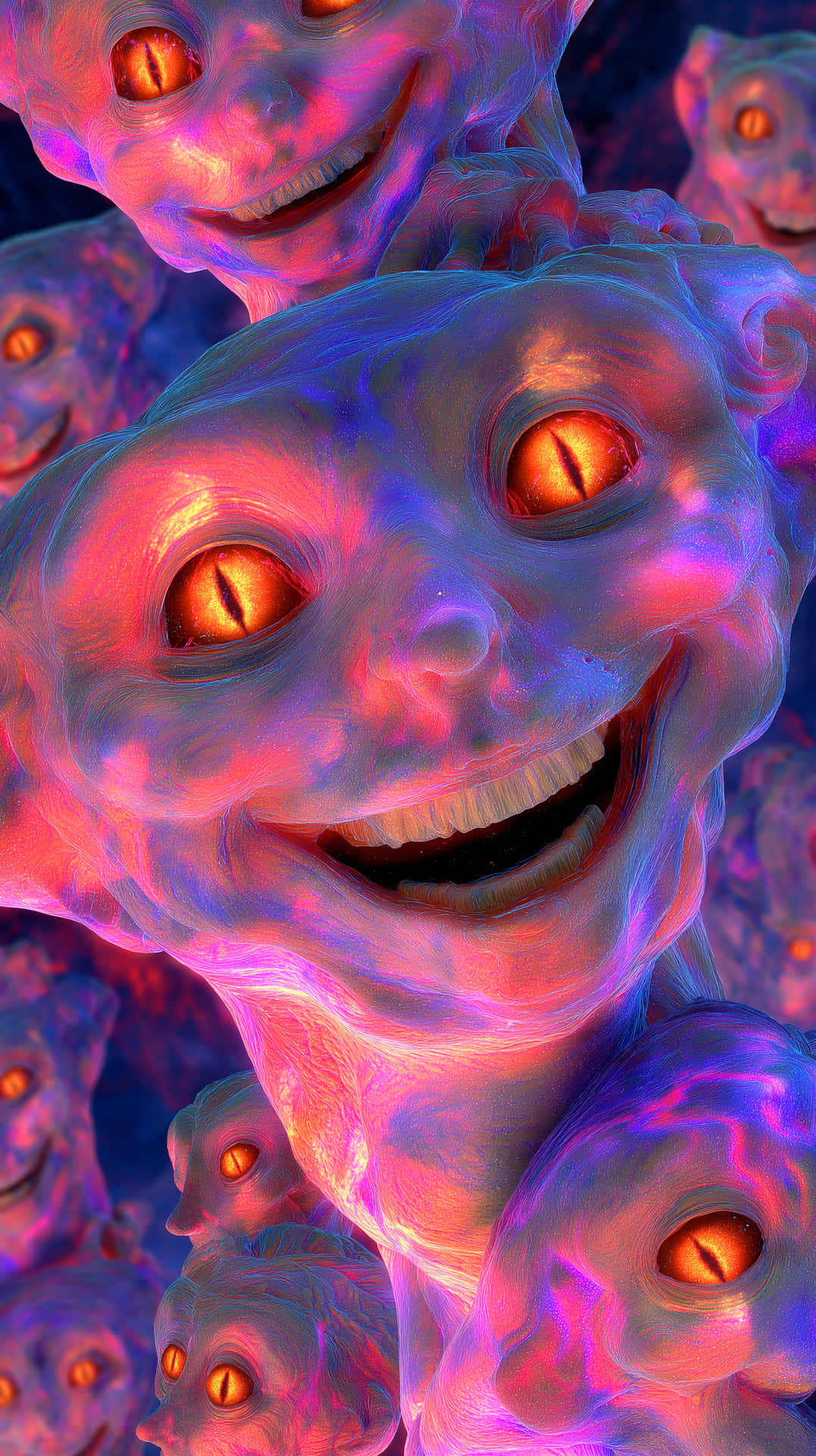 Smiling Entities with Fiery Gaze and Textured Form 壁紙 — 一幅超現實的數位藝術作品，多個發光的外星人面孔，橙色眼睛和咧嘴笑，沐浴在霓虹粉紅和藍光中。