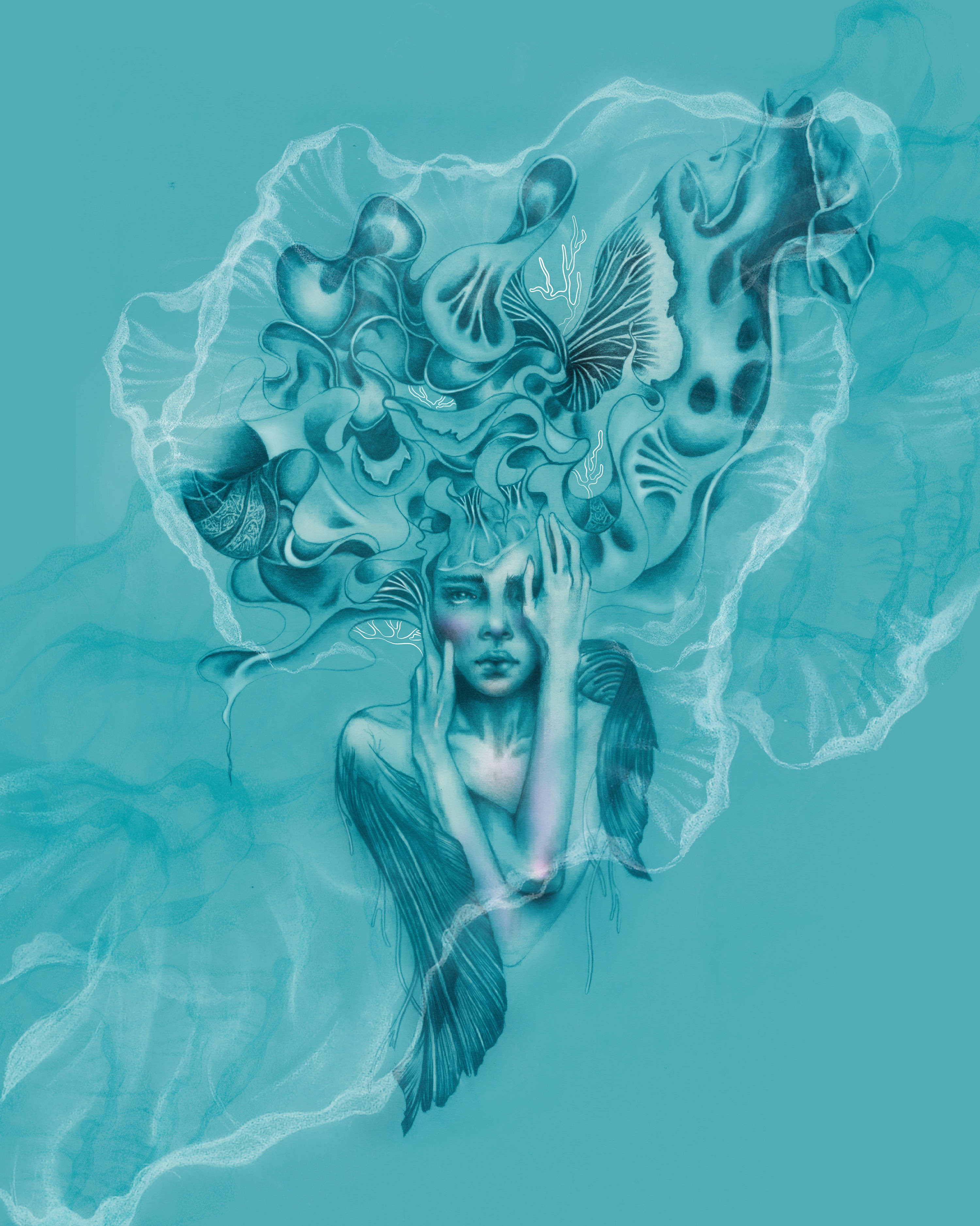 藝術 桌布 壁紙 — 一幅超現實的數位藝術作品，描繪一位女性飄逸的頭髮在青綠色背景上變形為海洋生物。