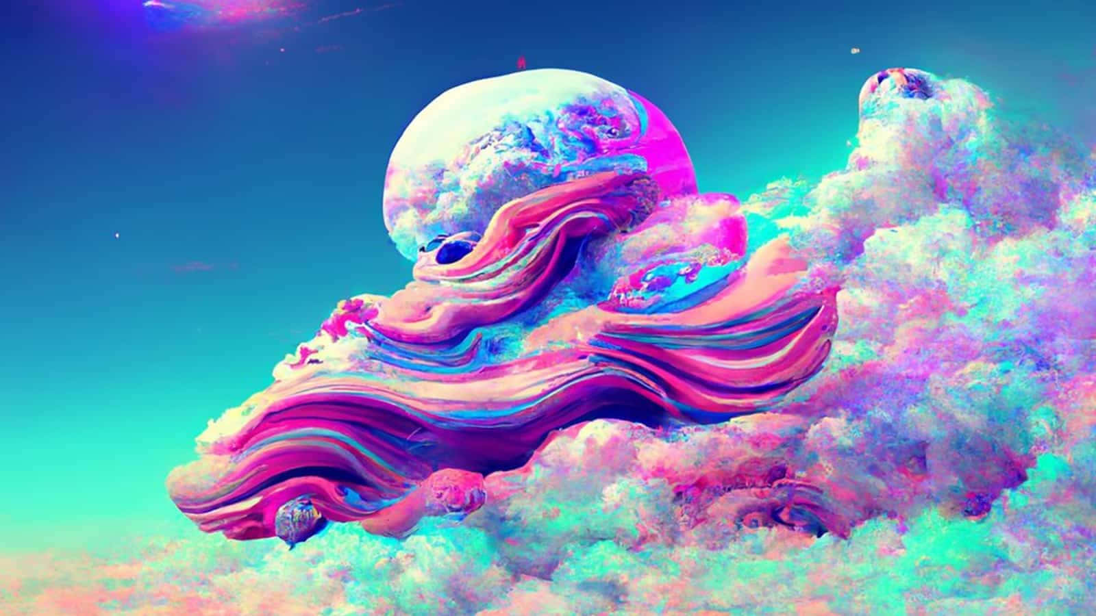 Midjourney 桌布 壁紙 — 一幅超現實的數位藝術作品，描繪一顆發光的行星，周圍環繞著旋轉的粉紅色和青色雲彩，在充滿活力的宇宙天空中。
