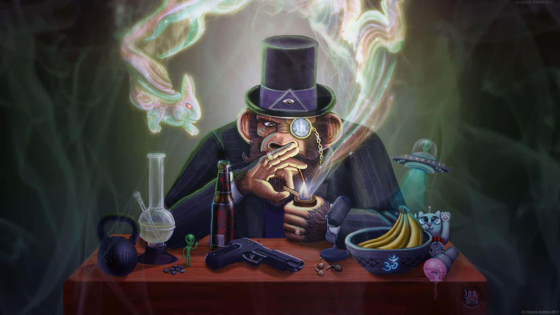 420 桌布 壁紙 — 一幅超現實的數位藝術作品，描繪一隻戴著高帽的猴子抽著煙斗，周圍環繞著神秘發光的煙霧和雜亂桌子上的怪異物品。