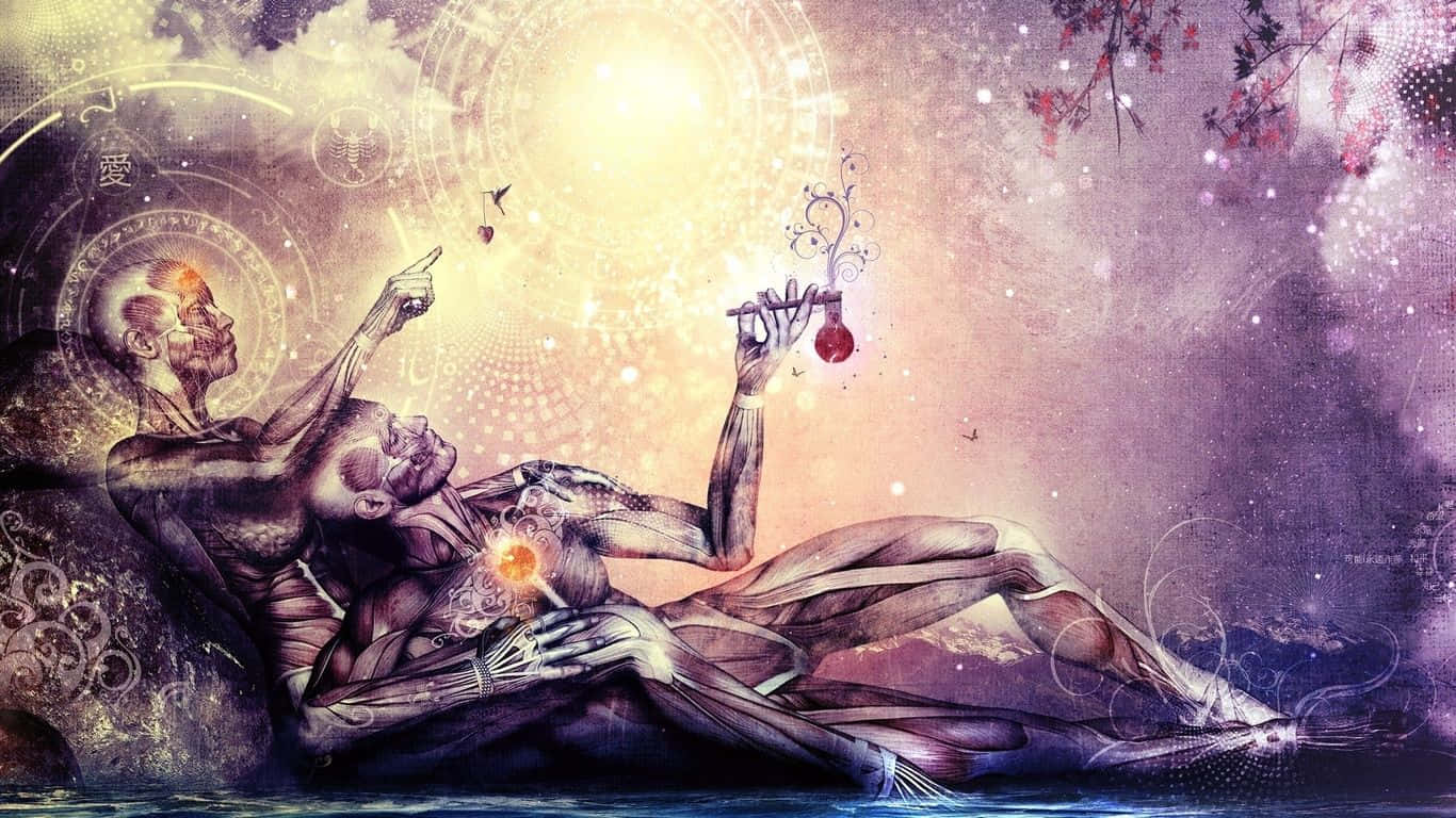 chakra 桌布 壁紙 — 一幅超現實的數位藝術作品，描繪了兩個交織的人形，帶有發光的器官和神秘的符號，背景是宇宙紫色和金色。