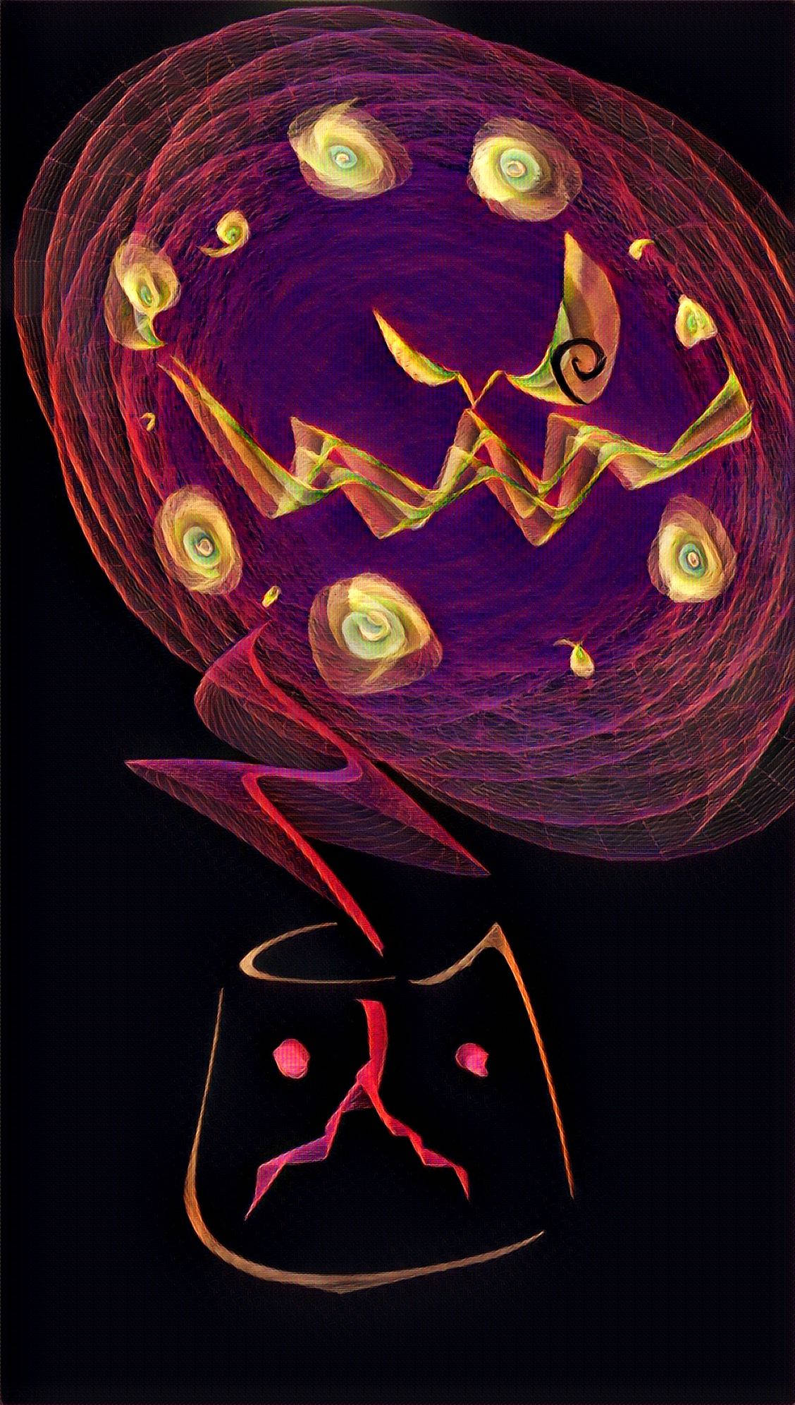 寶可夢 桌布 壁紙 — 一幅超現實的數位藝術作品，描繪了一個發光的傑克南瓜燈臉孔，帶有旋轉的紫色和紅色捲鬚，背景為黑色。