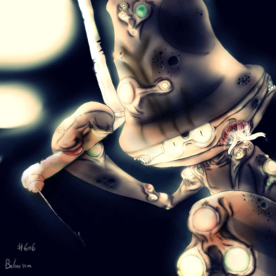 寶可夢 桌布 壁紙 — 一幅超現實的數位藝術作品，描繪了一個生物機械生物，擁有發光的綠色眼睛和暴露的內臟器官，背景是帶有柔和光球的黑暗環境。