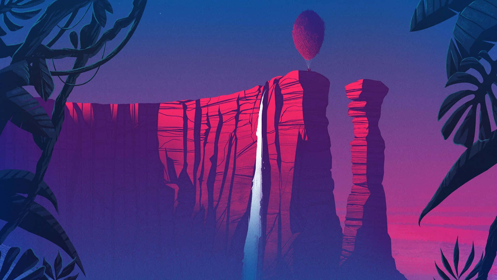 Animated 桌布 壁紙 — 一幅超現實的數位藝術作品，描繪在暮色天空下，一道發光的瀑布從深紅色懸崖傾瀉而下，周圍環繞著黑暗的熱帶植物。