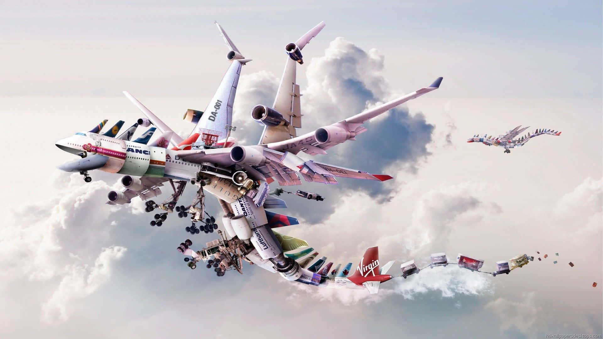 Aerospace 桌布 壁紙 — 一幅超現實的數位藝術作品，描繪多架商用飛機在飛行途中融合在一起，背景是陰雲密布的天空。