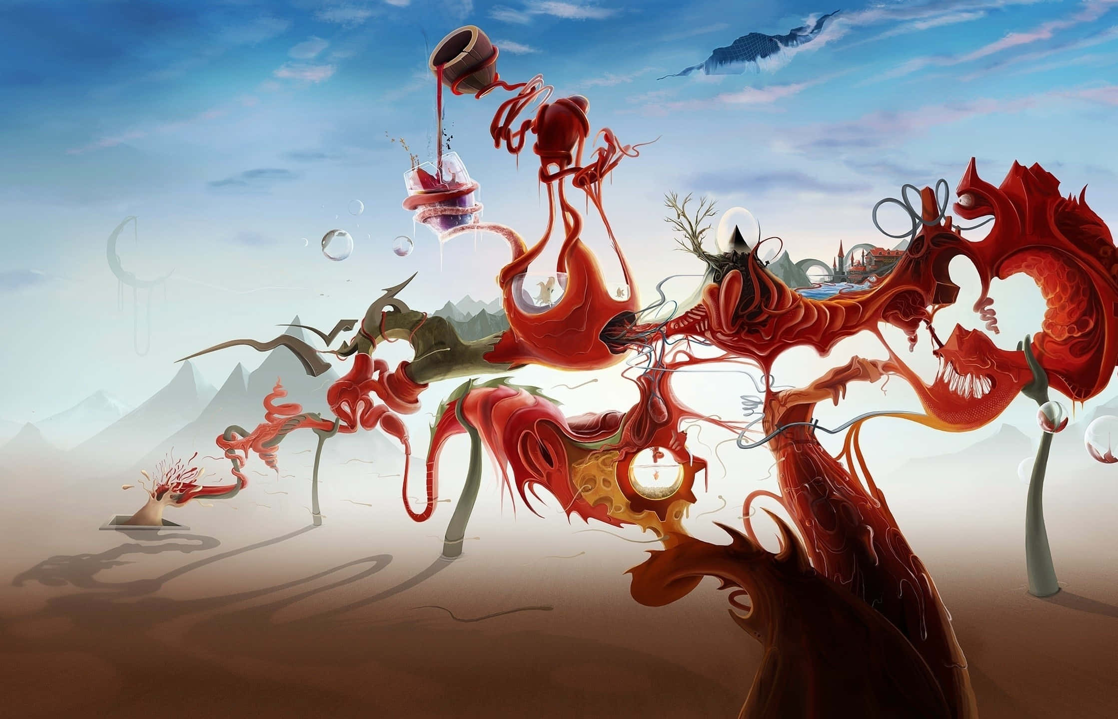 Surrealism 桌布 壁紙 — 一幅超現實的數位藝術作品，描繪沙漠景觀，有流動的紅色有機形態和漂浮的氣泡，背景是藍天。