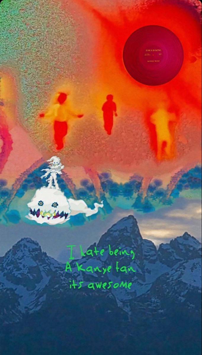 Kanye West Album Cover 桌布 壁紙 — 一幅超現實的數位藝術作品，描繪發光的人形和幽靈般的鯨魚，背景是火紅的天空和下方的山脈。