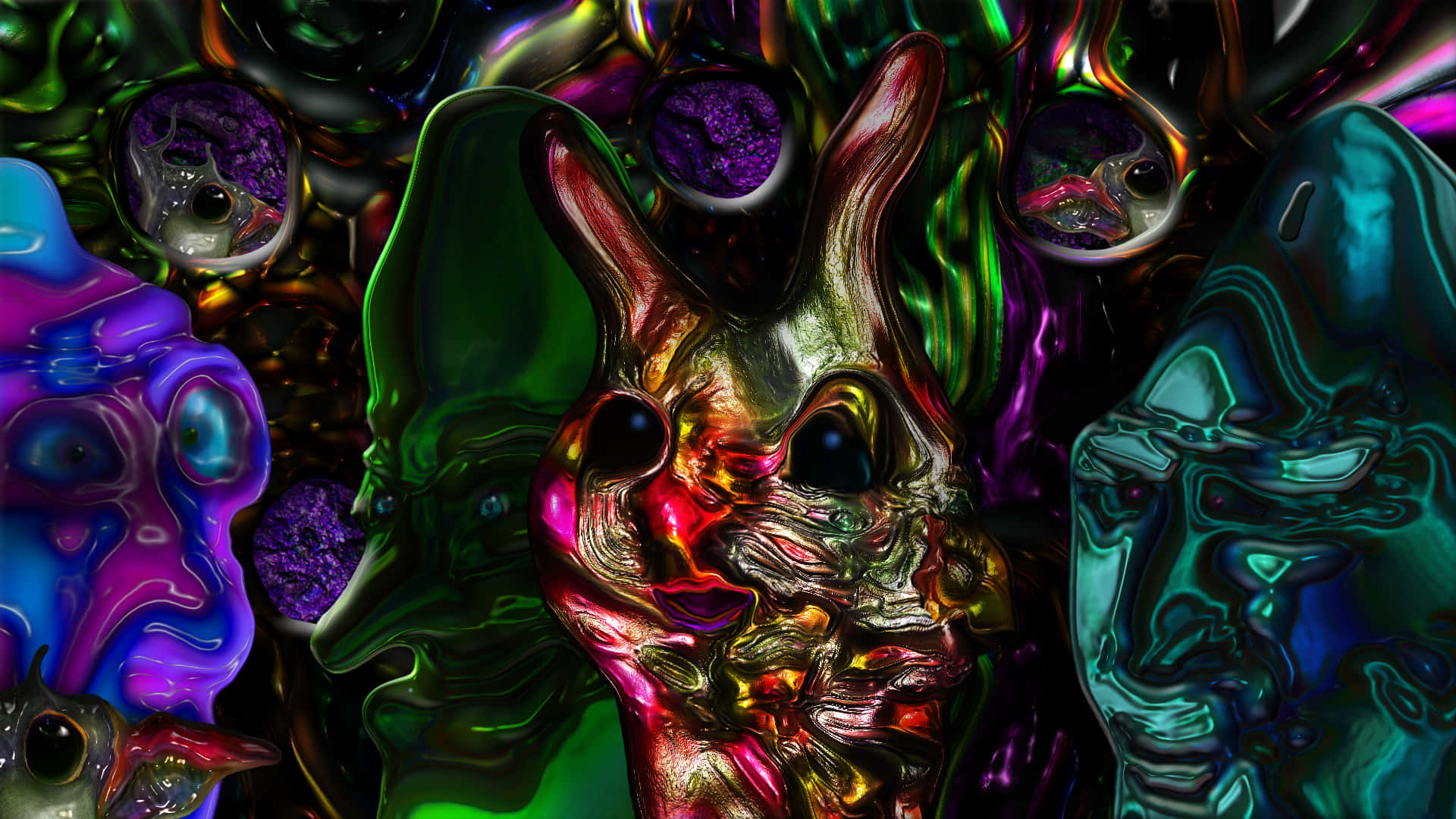 迷幻動圖 桌布 壁紙 — 一幅超現實的數位藝術作品，描繪融化、虹彩的兔頭，帶有發光的眼睛和迷幻的色彩漸變。