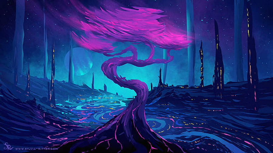 Painting 桌布 壁紙 — 一幅超現實的數位藝術作品描繪了一棵發光的紫色樹，樹枝流動，背景是星空夜空和發光的藍色景觀。