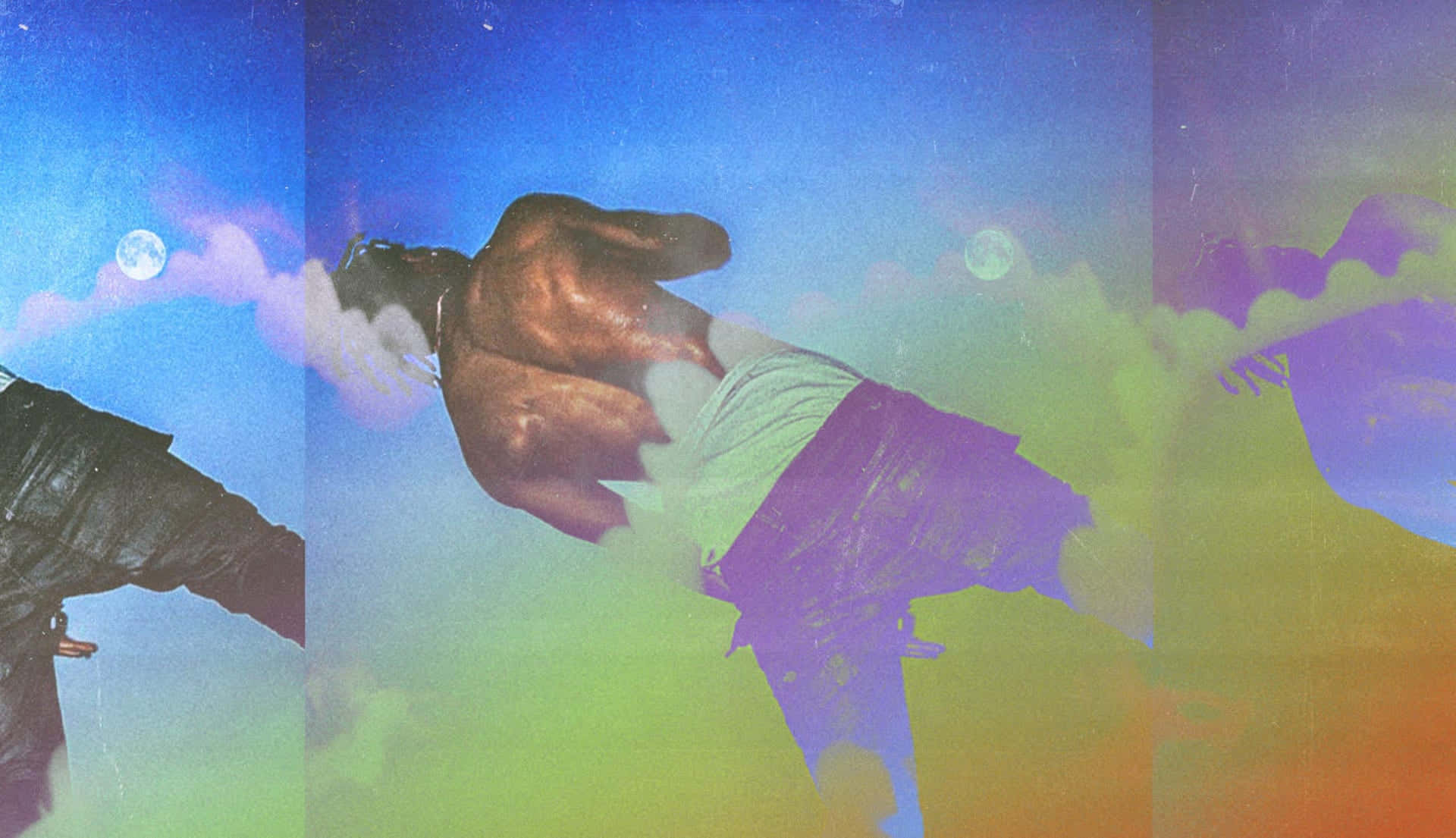 Astroworld 桌布 壁紙 — 一幅超現實的數位藝術圖像，描繪一個人在充滿活力的漸變天空（有月亮和雲朵）中跳躍。