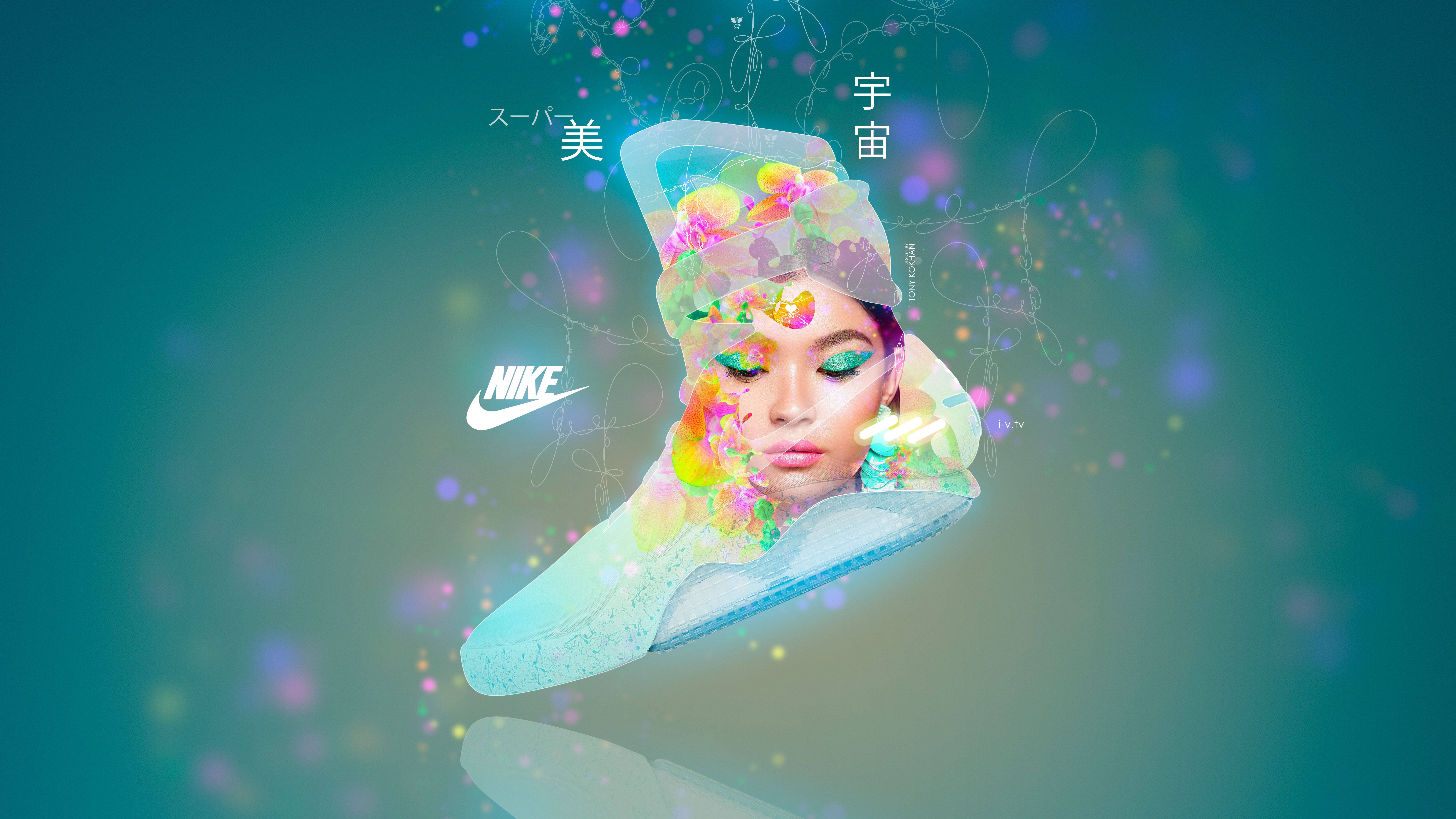 nike girl 桌布 壁紙 — 一幅超現實的數位藝術肖像，描繪女性面孔從一雙Nike運動鞋中浮現，帶有色彩繽紛的花卉圖案和發光粒子，背景為青綠色漸變。