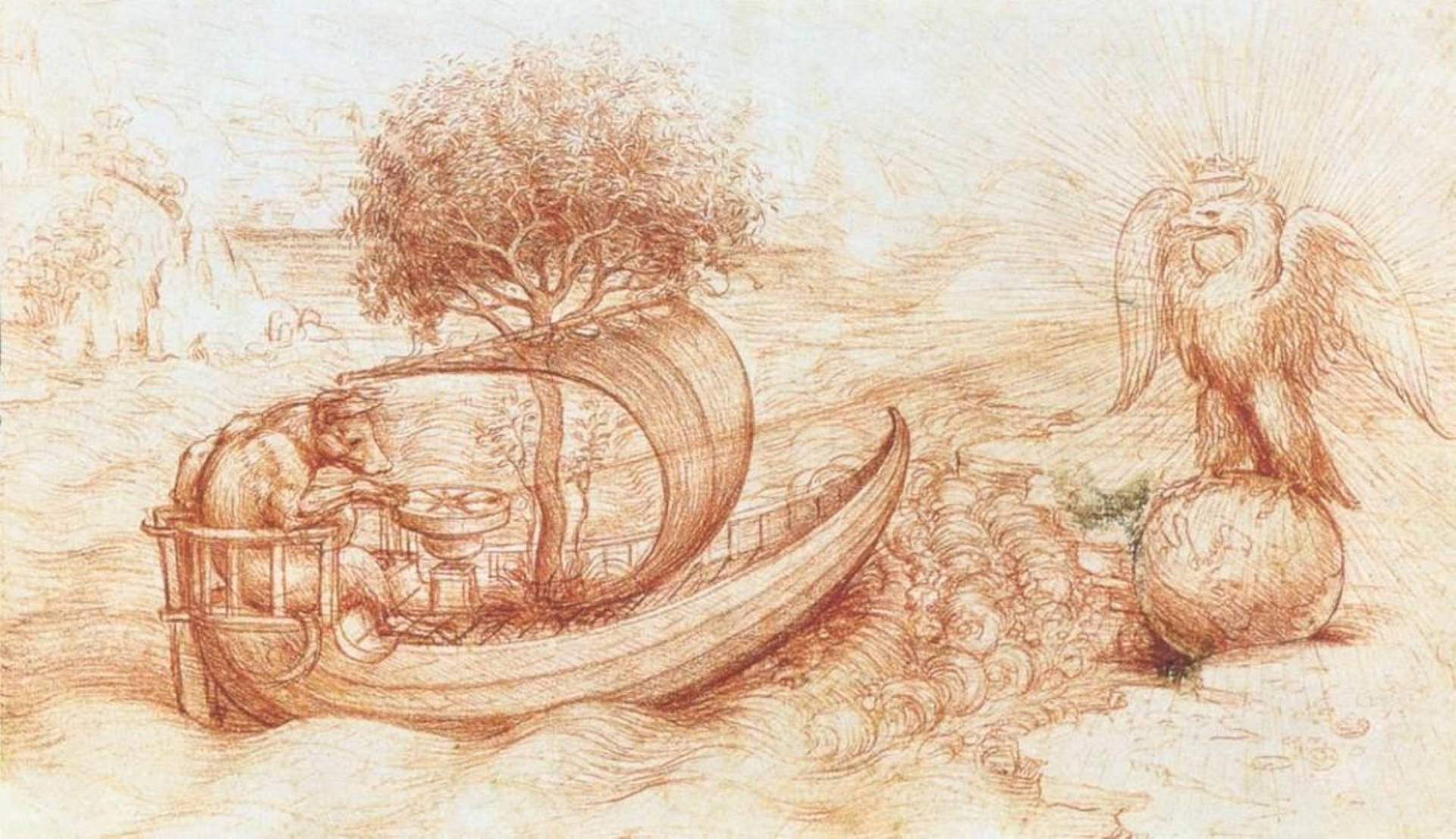 Leonardo Da Vinci 桌布 壁紙 — 一幅超現實的紅棕色素描顯示一艘載著樹木和人物的船，被地球儀上的有翼獅子拉動。