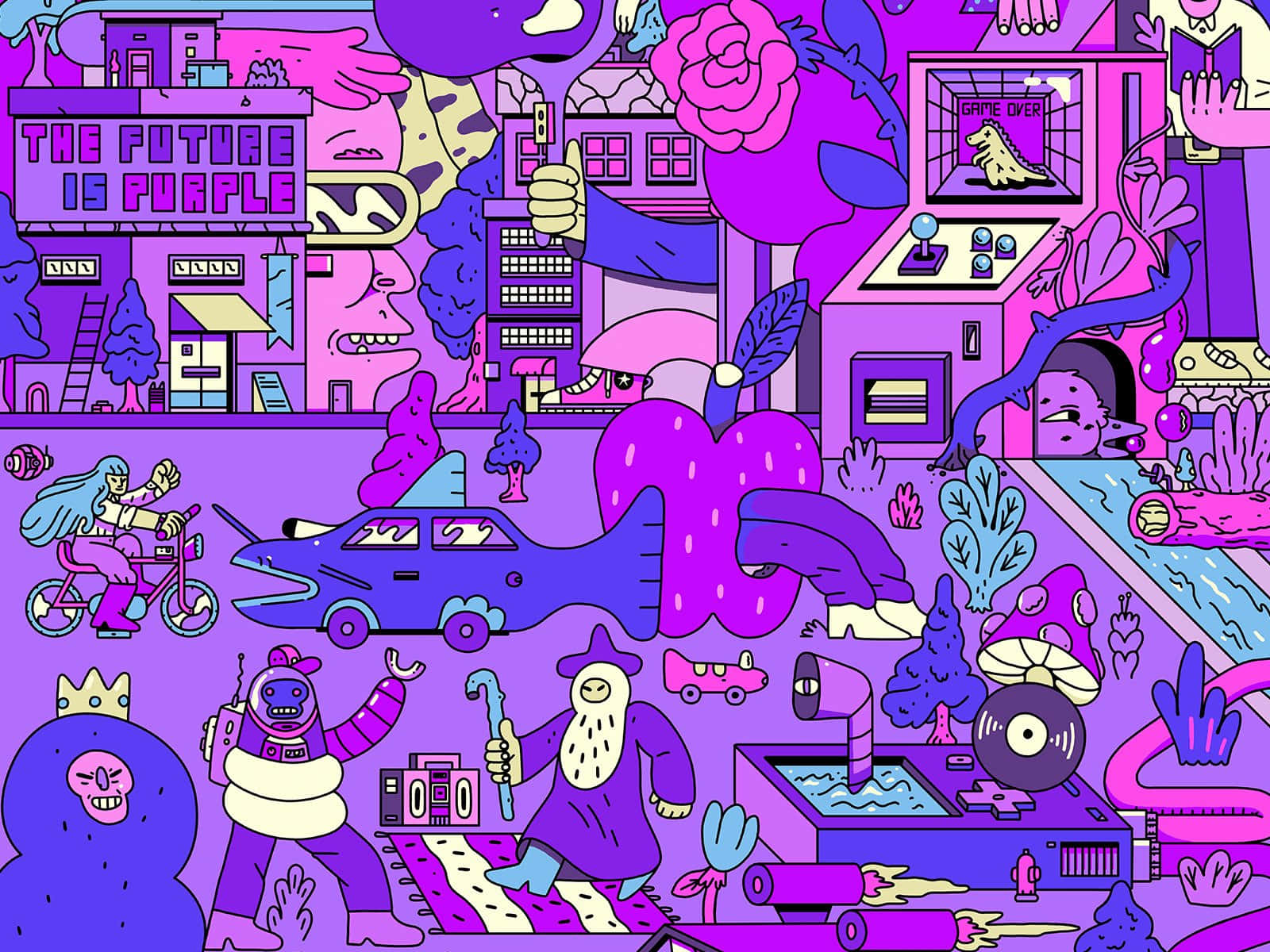 Indie Desktop 桌布 壁紙 — 一幅超現實的紫色城市景觀，充滿卡通角色和奇思妙想的物體，以鮮豔的數位插圖呈現。
