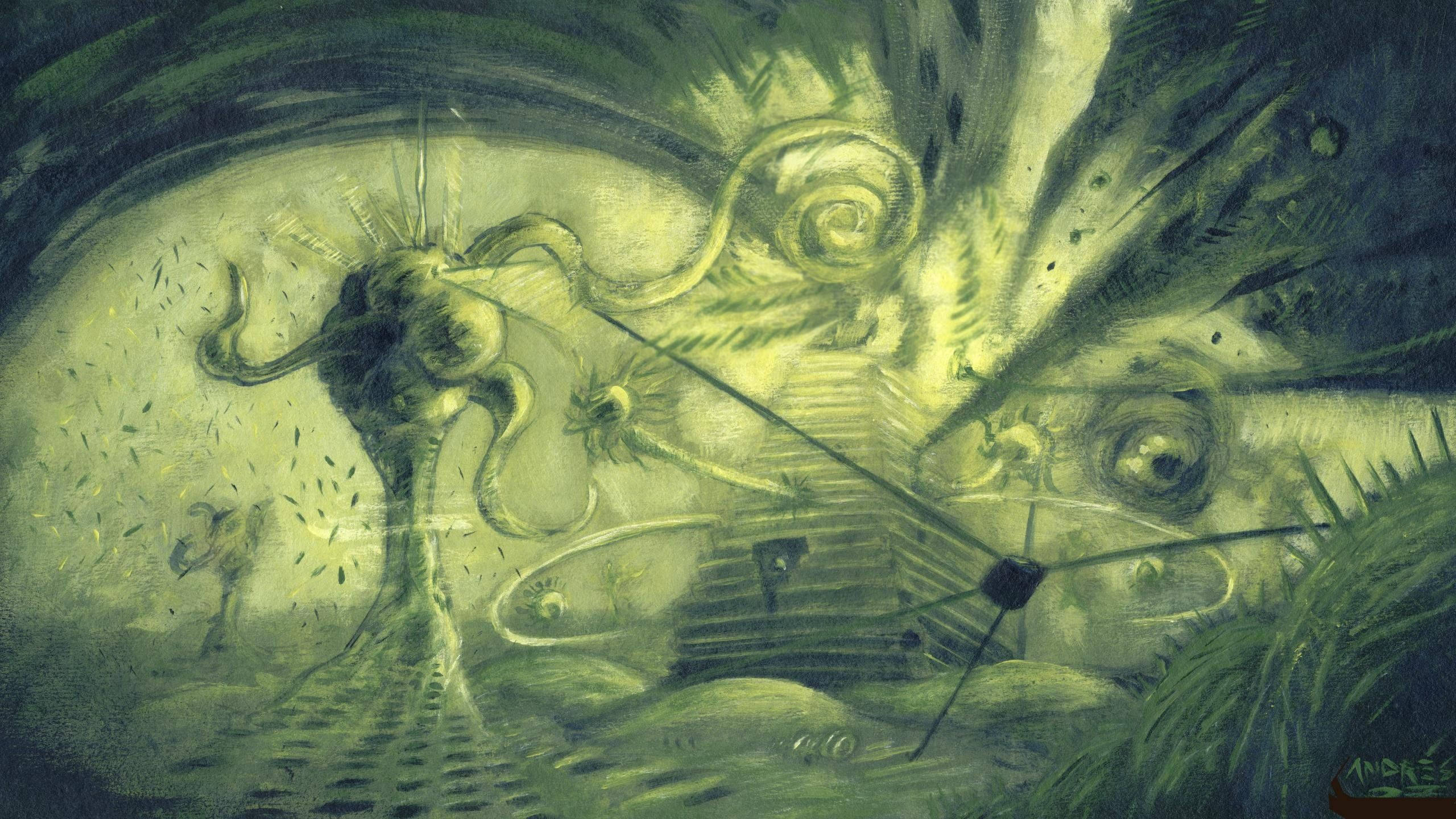 洛夫克拉夫特 桌布 壁紙 — 一幅超現實的綠色調插圖，描繪一個觸手怪物從破碎樓梯上方的漩渦中出現。