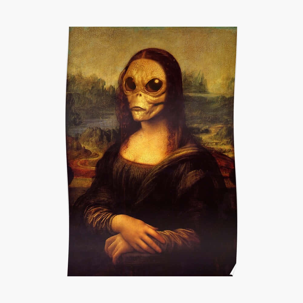 有趣美學GIF 桌布 壁紙 — 一幅超現實的蒙娜麗莎畫作，帶有外星人骷髏臉，背景是迷霧景觀。
