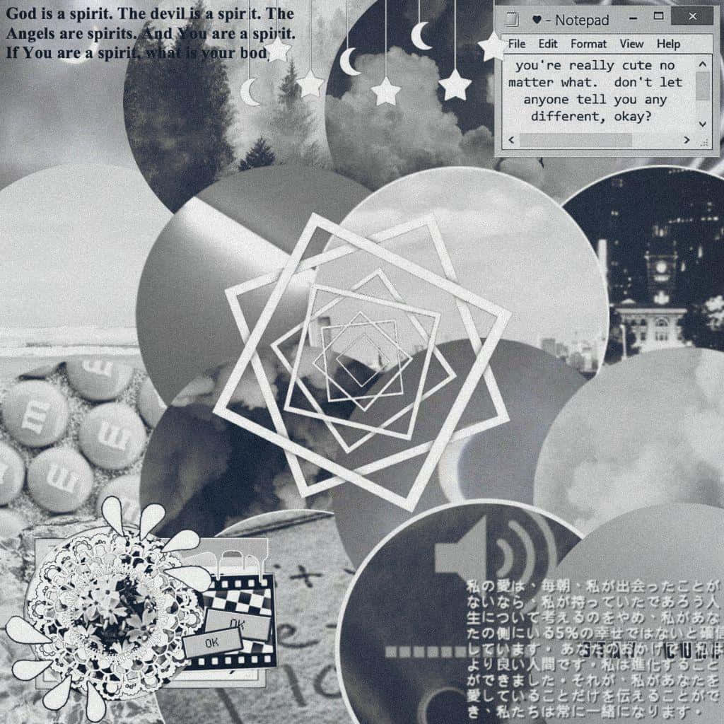 Dark Grey Aesthetic 桌布 壁紙 — 一幅超現實的黑白拼貼畫，由重疊的圓形框架組成，包含多種圖像，如記事本文字、月相、M&M's 和日文字體。
