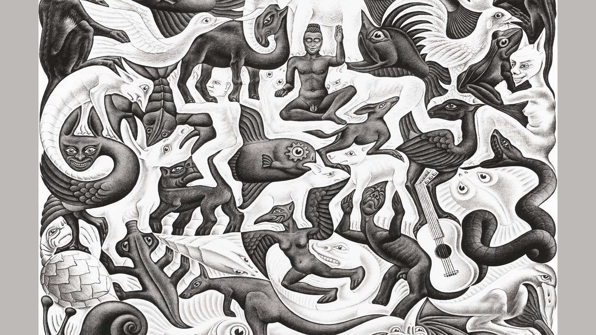 escher 桌布 壁紙 — 一幅超現實的黑白插圖，充滿了奇幻生物和人類形象，以動態、重疊的形式呈現。