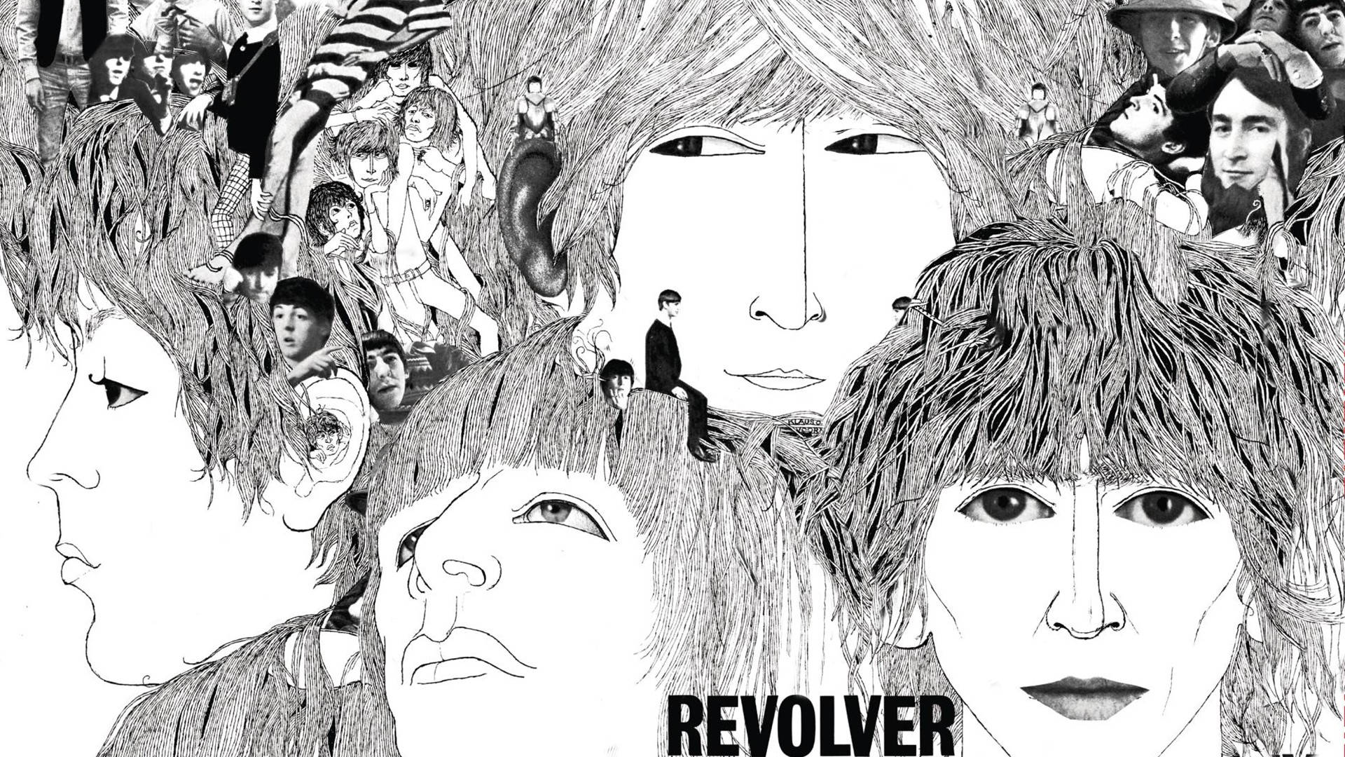 the beatles 桌布 壁紙 — 一幅超現實的黑白插圖，多個面孔和人物與複雜的線條藝術和單詞 REVOLVER 交織在一起。