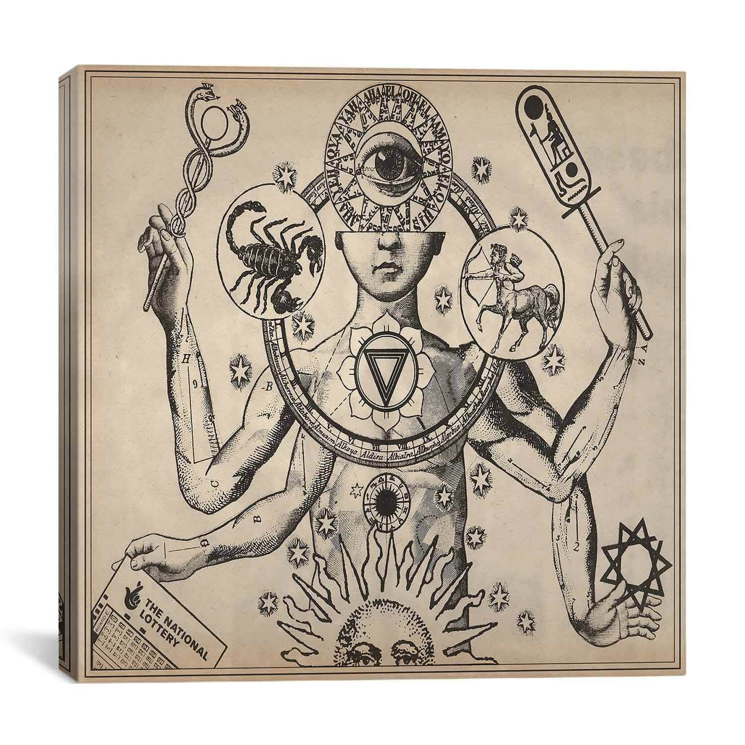 藝術 桌布 壁紙 — 一幅超現實的黑白插圖，描繪一個多臂人物在星空背景下手持神秘符號和彩券。