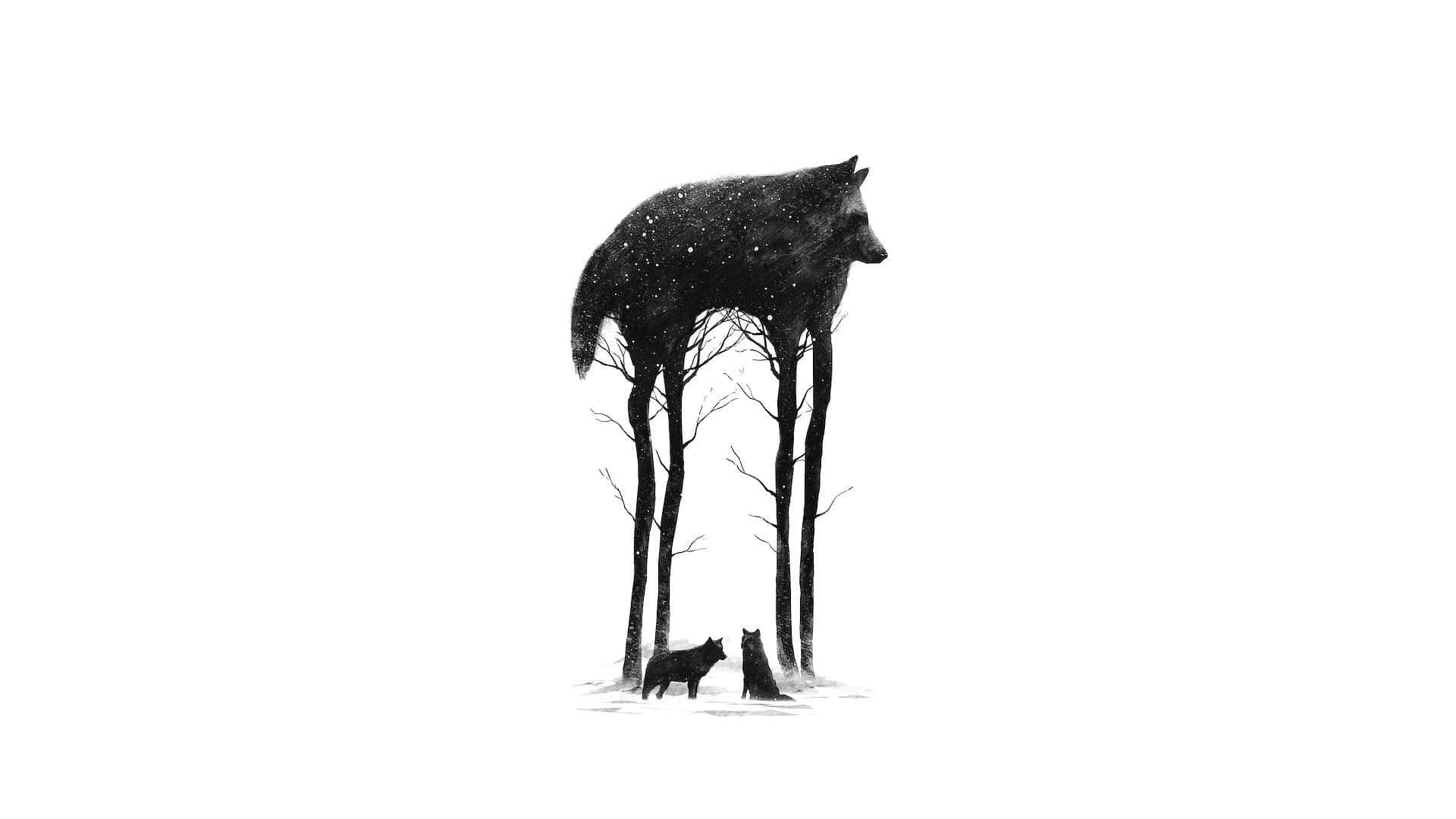 Wolf Minimalist 桌布 壁紙 — 一幅超現實的黑白插圖，描繪一隻由光禿樹木形成的狼，站在雪地中的兩隻小狼之上。