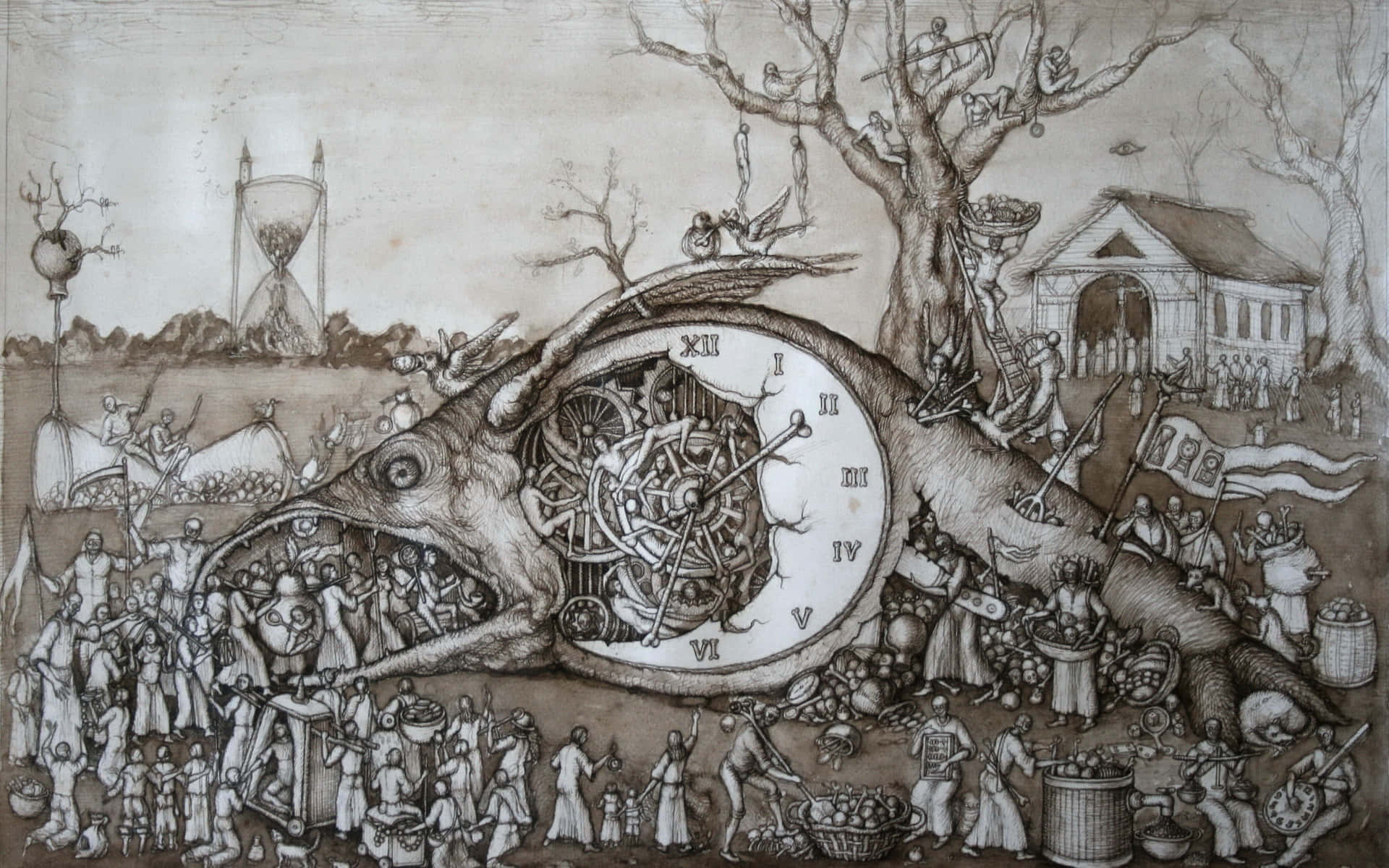 Dark Steampunk 桌布 壁紙 — 一幅超現實的黑白插圖描繪了一條巨魚，頭部是一個時鐘面，周圍是熙熙攘攘的人群和象徵性的建築。