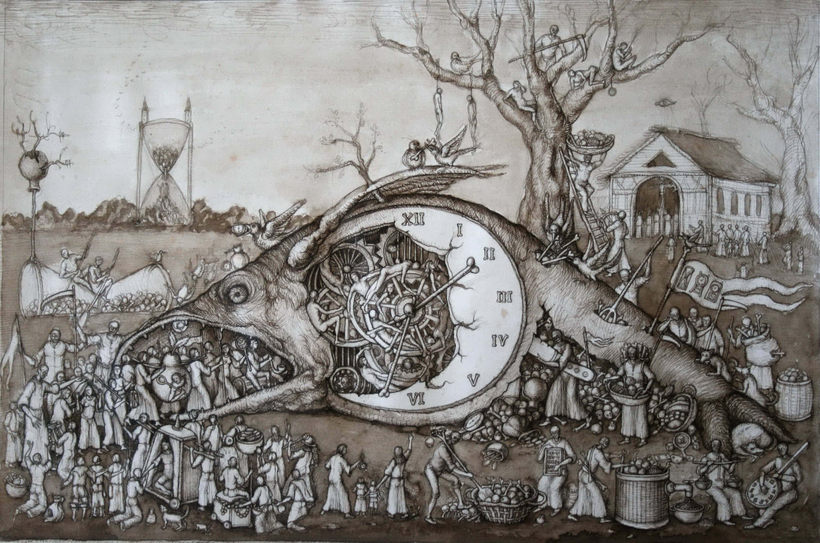 Surreal Art 桌布 壁紙 — 一幅超現實的黑白插圖描繪了一條巨魚，頭部是一個鐘面，周圍是熙熙攘攘的人群和象徵性物品，如沙漏和光禿的樹木。