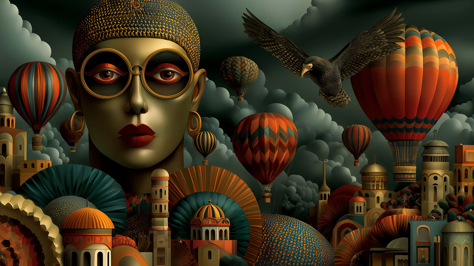 Surreal Landscape with Grand Head, Eagle, and Hot Air Balloons 壁紙 — 一幅超現實肖像畫，描繪一位戴金邊眼鏡、紅唇的女性，被熱氣球和華麗圓頂建築環繞，背景是暴風雨的天空和一隻翱翔的鷹。