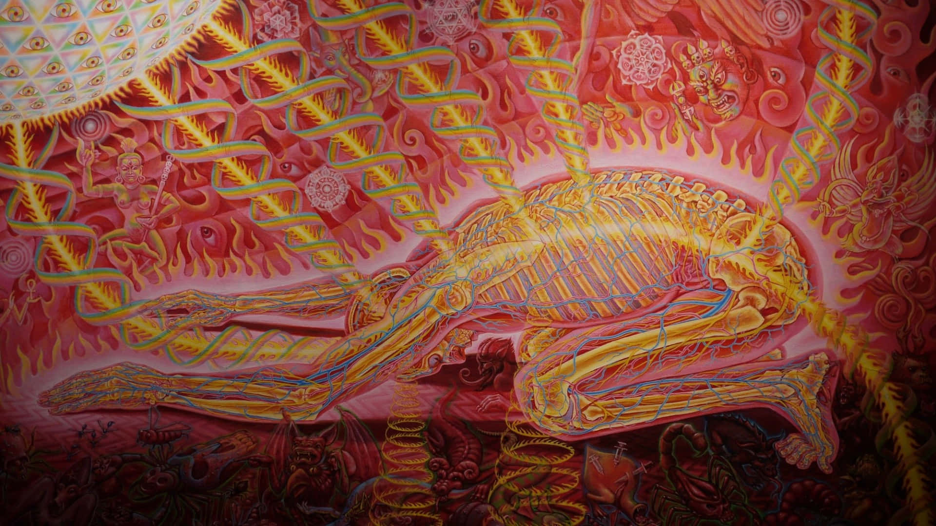桌布 壁紙 — 一幅超現實迷幻畫作，描繪金色骷髏人物被旋轉的紅色火焰和複雜圖案包圍。