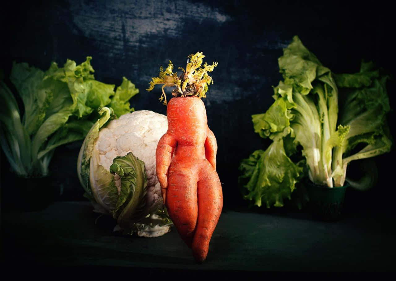 Carrot 桌布 壁紙 — 一幅超現實靜物畫，描繪一個人形胡蘿蔔站在花椰菜和生菜之間，背景為深色紋理。