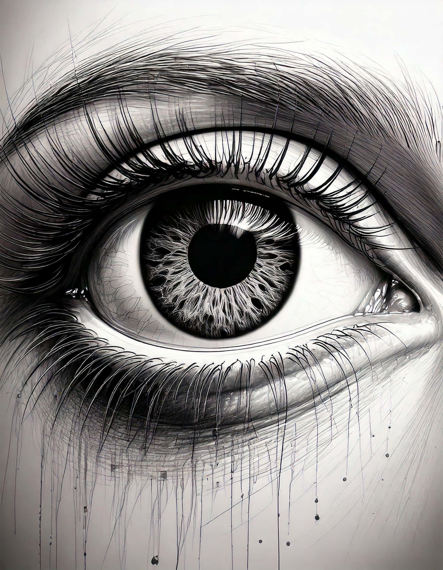 Abstract Eye 壁紙 — 一幅超精細的黑白插圖，描繪人類眼睛，帶有複雜的睫毛和向下流淌的淚痕。